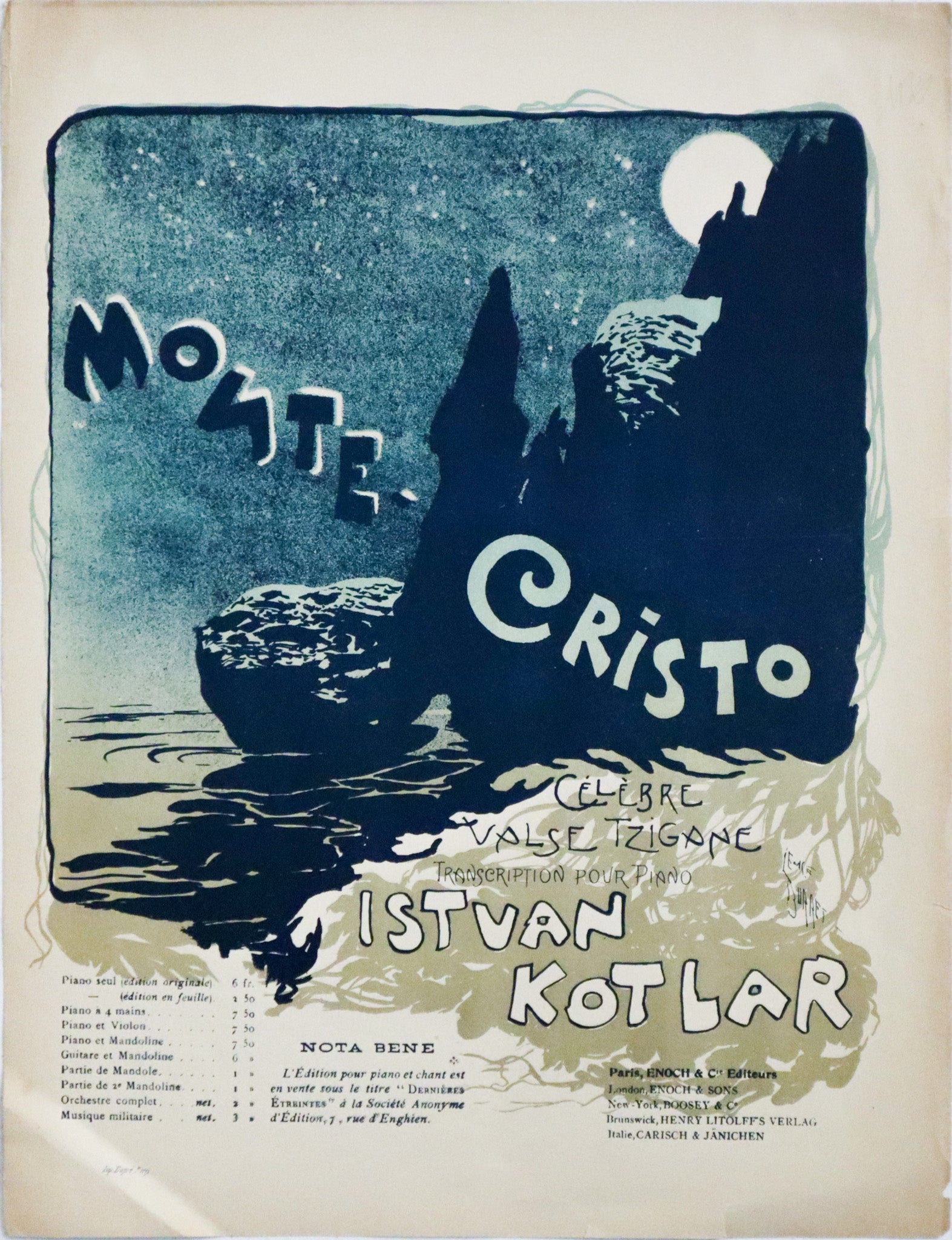1899 French Piano Music Sheet Cover - Monte Cristo by Istvan Kotlar | Vintage Sheet Music for Collectors & Musicians | Perfect for Home Décor, Gifts & Historical Music Enthusiasts
