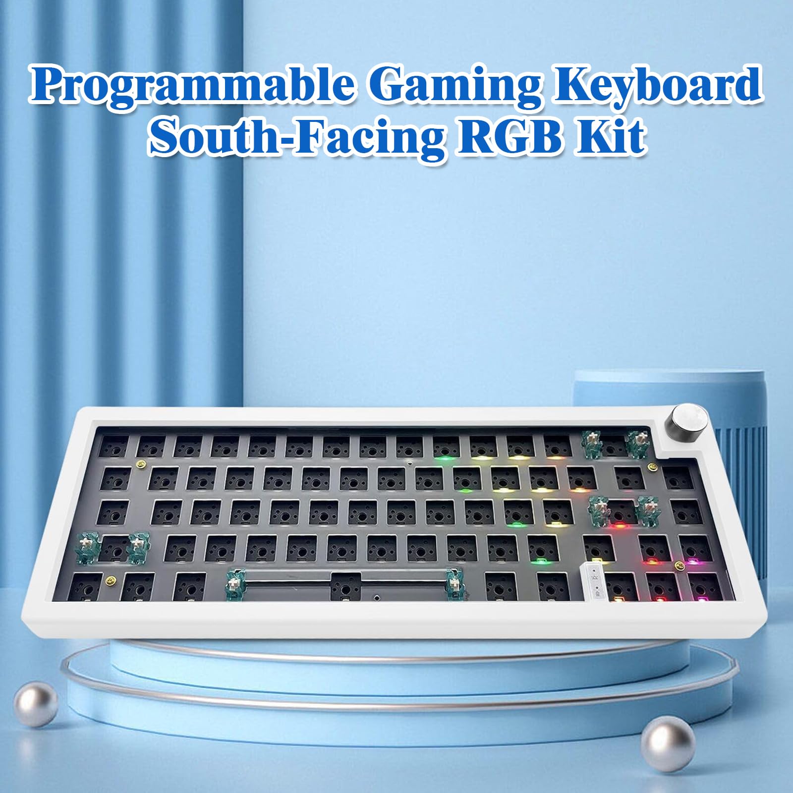 BOYI GMK67 65% Hot-Swappable Mechanical Keyboard Kit - Bluetooth 5.0/2.4G/Type-C Tri-Mode Wireless, RGB Backlit, Customizable PCB Mounting Plate with EVA Sound Insulation Mat (White with Knob) - Perfect for Gaming, Typing & Office Work