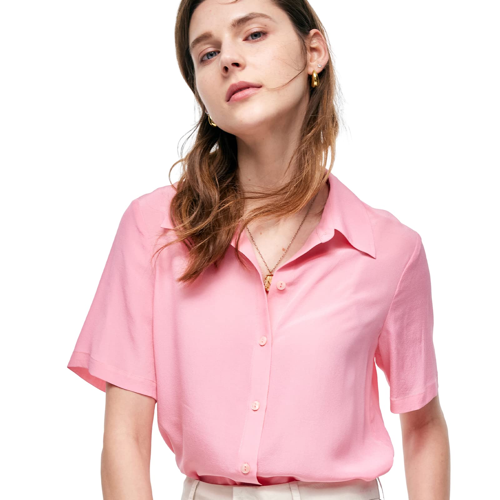 Luxury 100% Pure Silk Blouse for Women - Elegant Short Sleeve Button Down Shirt | Summer Casual Tops & Office Wear | Perfect for Business Meetings, Date Nights & Special Occasions