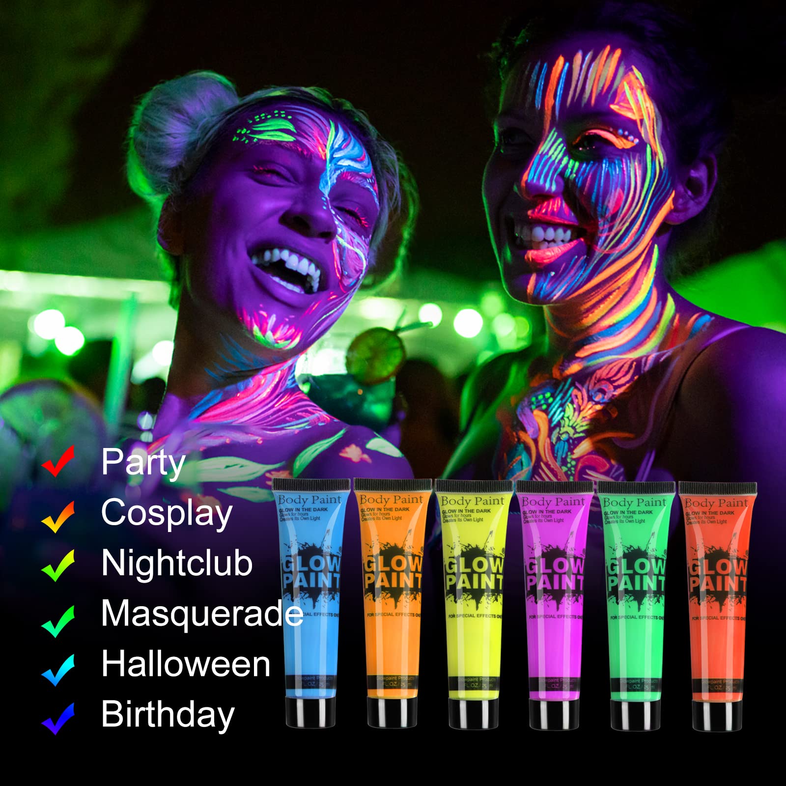 Glow in Dark Face & Body Paint - UV Blacklight Neon Fluorescent Paint - Washable & Non-Toxic - 6 Colors (25ml/0.85oz Each) - Perfect for Halloween, Parties, Raves & Festivals