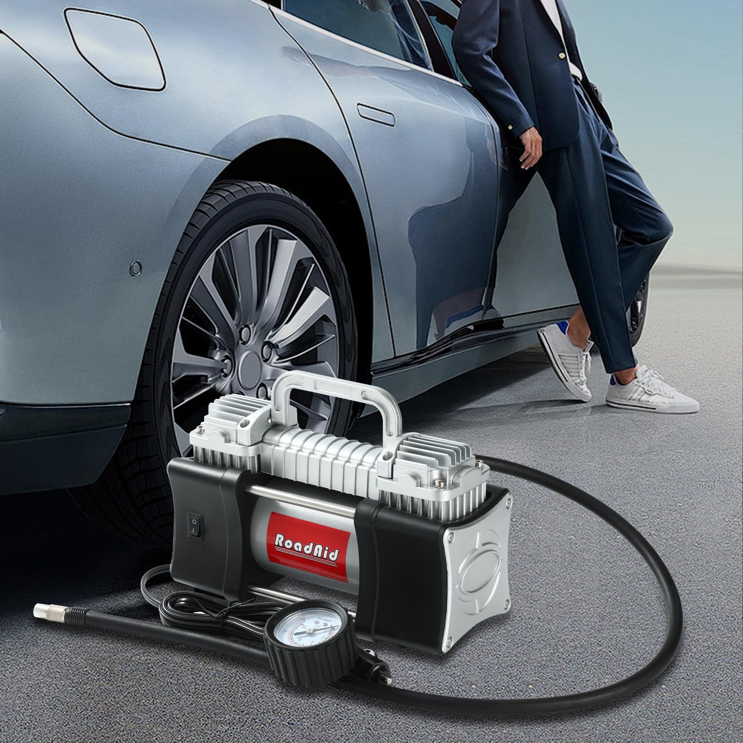 12V Portable Tire Inflator Air Compressor - 150PSI Dual Cylinder Pump with Aluminum Case, Battery Clamps & 5M Hose for Cars, SUVs, Motorcycles, Bikes | Quick Inflation for Roadside Emergencies & Garage Use