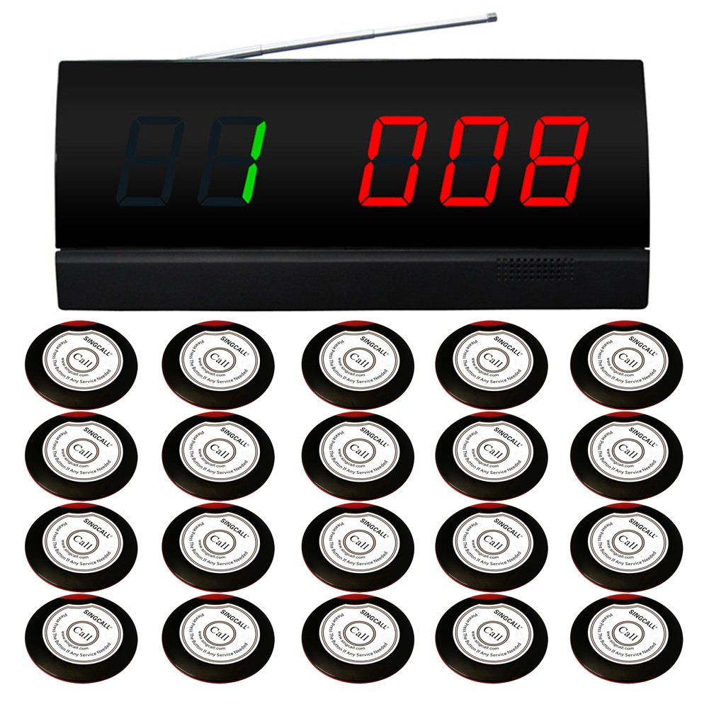 SINGCALL Wireless Paging System for Restaurants & Coffee Shops - 20pcs Service Buzzers with 1 APE2000 Signal Receiver - Durable Wireless Calling Solution for Cafes, Bars & Retail Stores