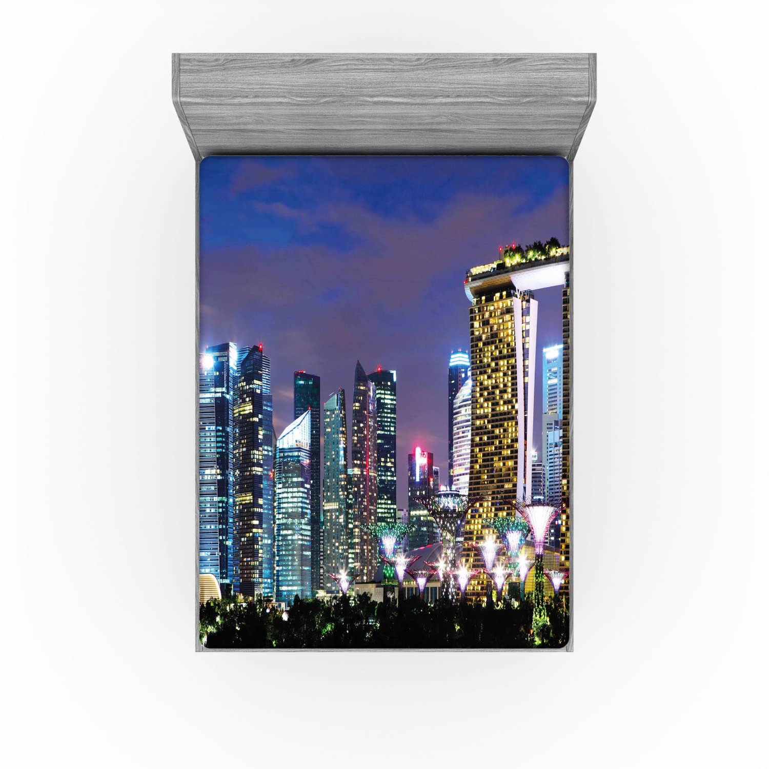 Ambesonne Full Size Fitted Sheet - Singapore Cityscape Night View Modern Architecture Urban Design - Deep Pocket Elastic Bed Cover for Mattress - Perfect for Guest Rooms, Vacation Homes & Dormitory Use