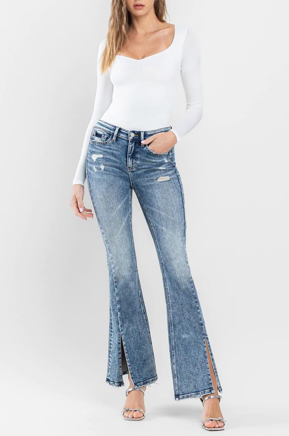 Flying Monkey F5171 High Rise Split Hem Distressed Flare Jeans for Women | Vintage 70s Inspired Denim Pants | Perfect for Casual Outfits, Music Festivals & Boho Style