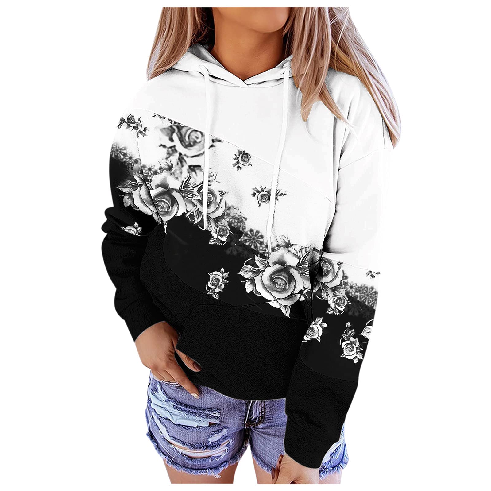 Women's Zip-Up Hoodie with Printed Shoulder Design - Casual Pullover Sweatshirt with Drawstring for Streetwear & Lounge Wear