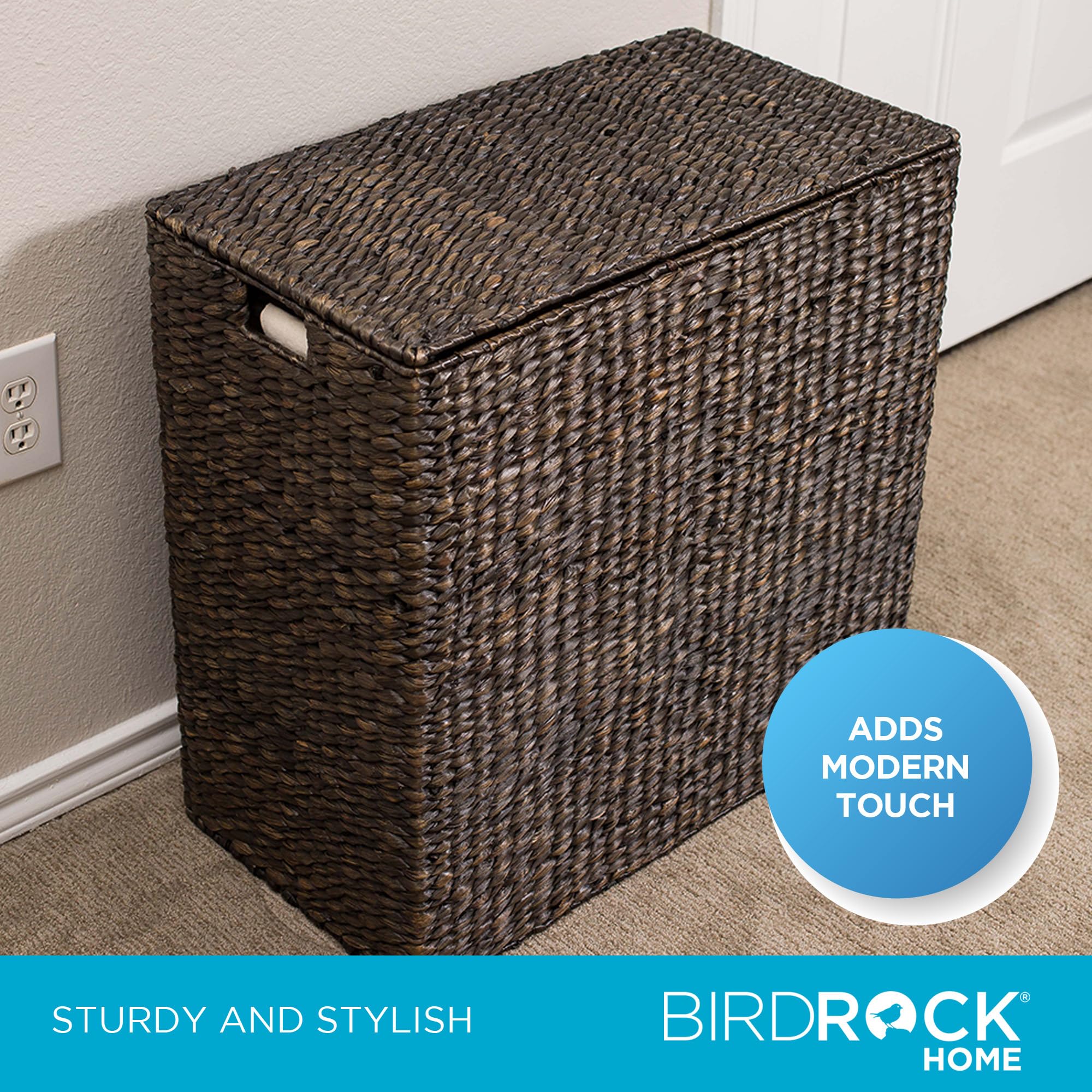 BIRDROCK HOME Handwoven Double Laundry Hamper with Removable Liner Bags & Lid - Espresso Woven Laundry Basket for College Dorm, Bathroom, Bedroom Storage | Perfect for Clothes Organization & Home Essentials