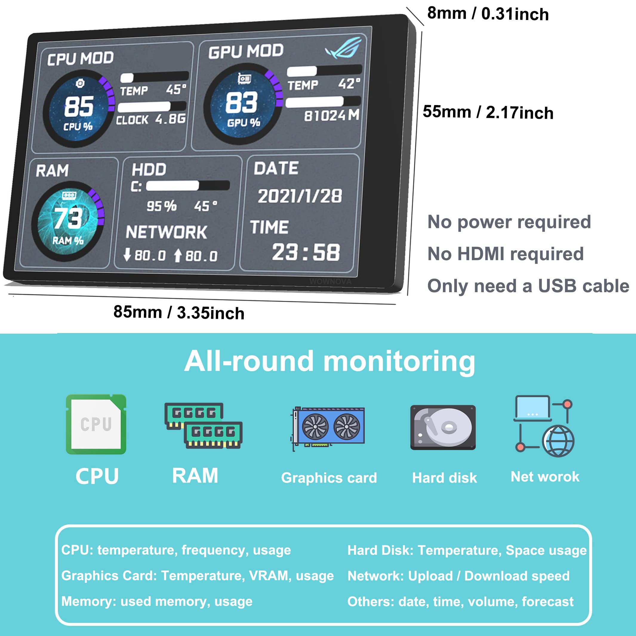 WOWNOVA PC Temperature Monitor - IPS USB Mini Screen for CPU, RAM, HDD Data Display | ARGB Computer Case Accessory | Perfect for Gaming Rigs & Workstation PCs