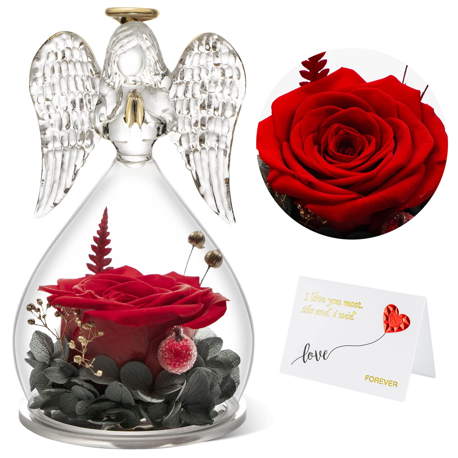 Angel Figurines with Real Rose in Glass - Thoughtful Mother's Day, Birthday & Anniversary Gifts for Mom, Grandma & Her | Home Decor, Shelf Display & Sentimental Keepsake