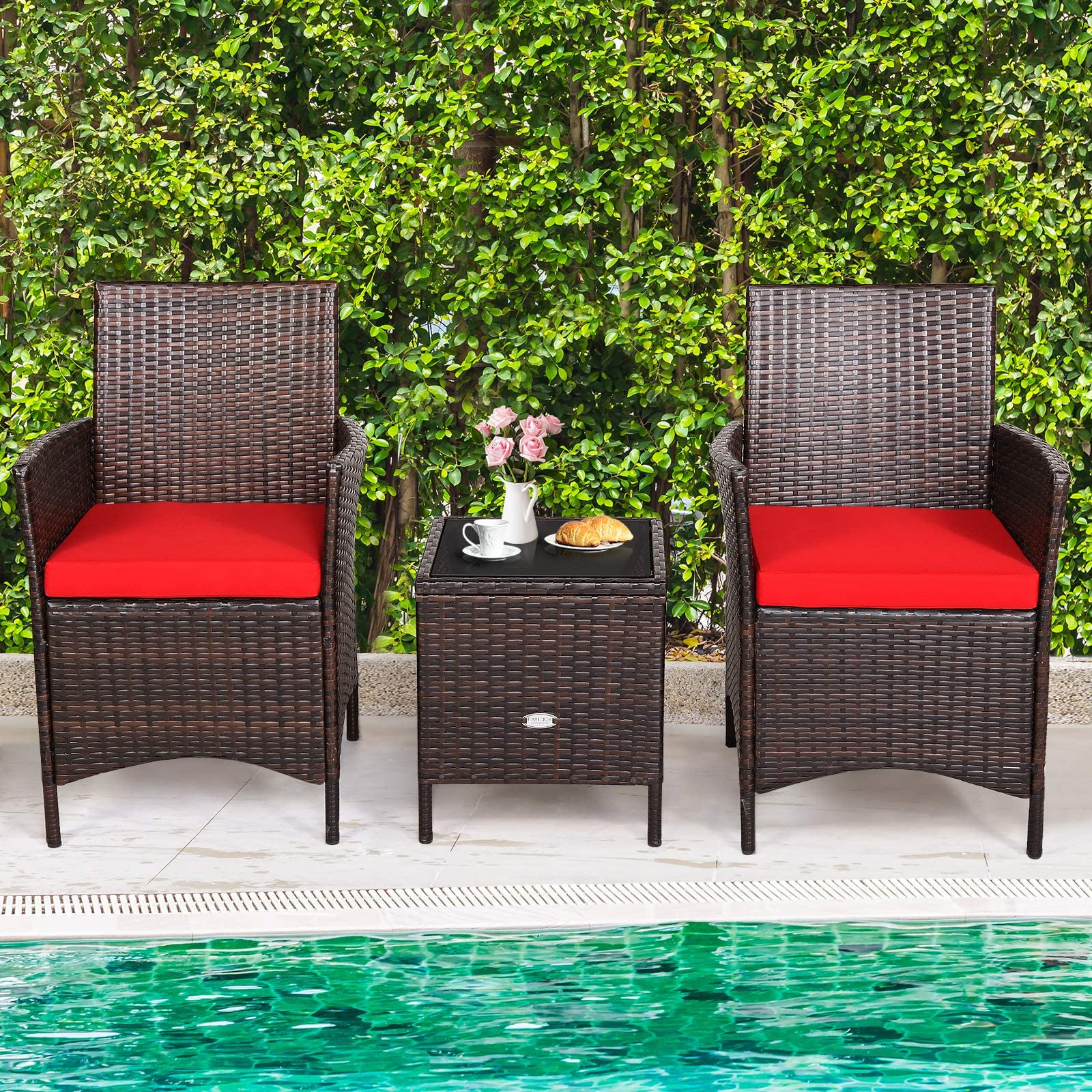 HappyGrill 3-Piece Patio Furniture Set - Wicker Bistro Set with Glass Coffee Table & Cushions, Outdoor Rattan Conversation Set for Garden, Lawn, Poolside, Backyard | Perfect for Relaxing, Entertaining & Outdoor Dining