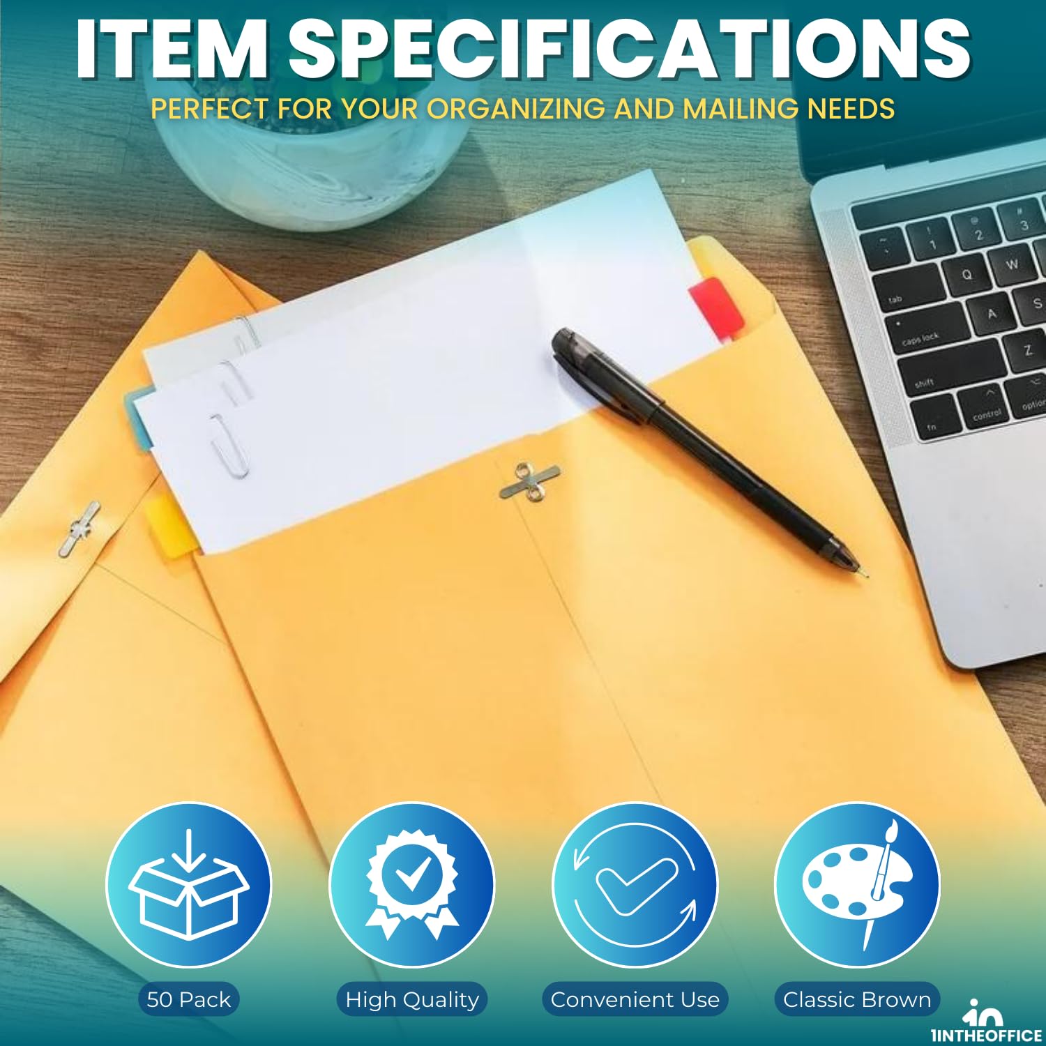 1InTheOffice 6x9 Manila Envelopes with Clasp - 50 Pack, Brown Kraft Paper Business Envelopes with Gummed Flap for Mailing, Shipping & Office Organization - Perfect for Documents, Invoices & Small Packages