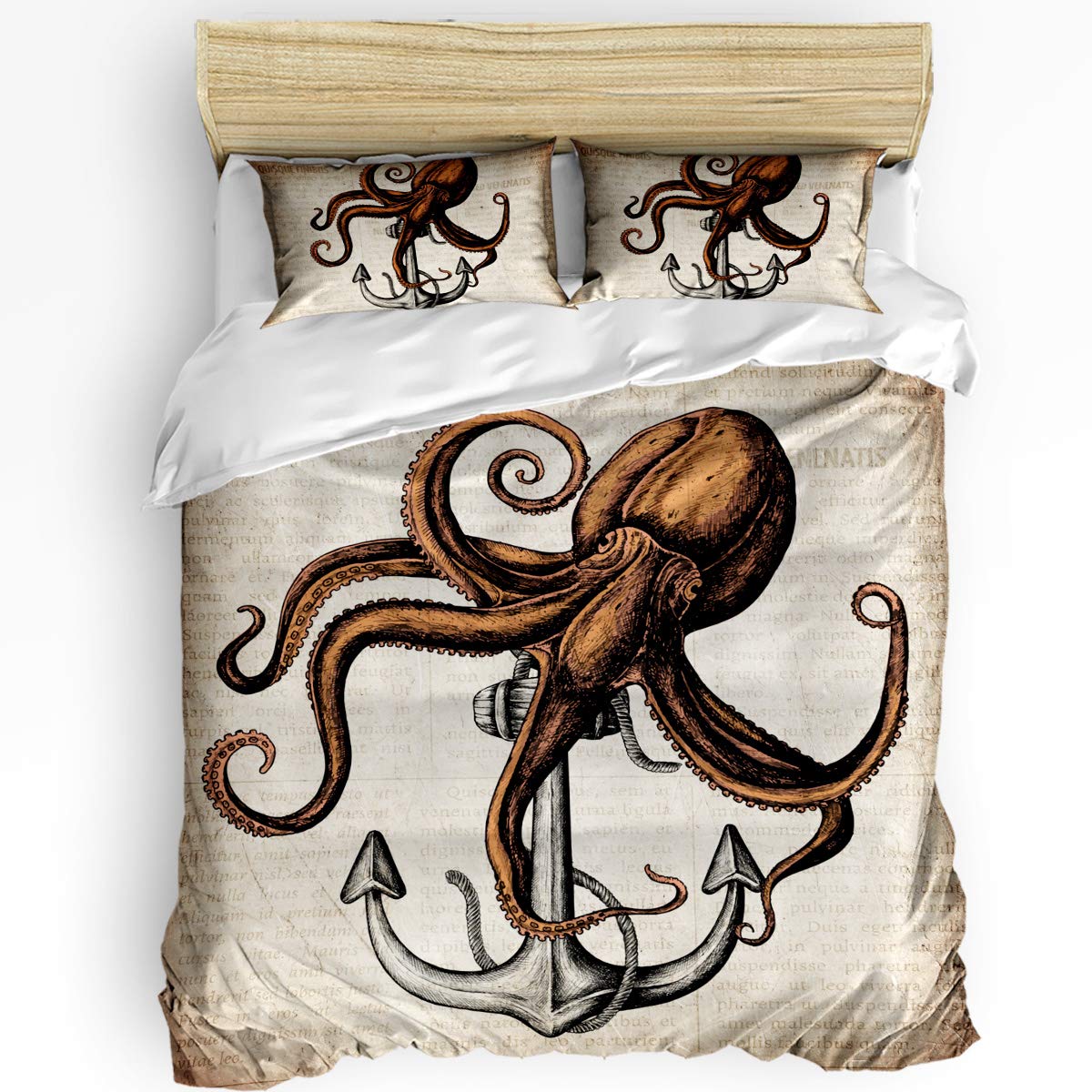 Anchor & Octopus Full Bedding Set 3-Piece - Ocean Marine Life Comforter with Duvet Cover & Pillow Shams for Teens Boys Girls - Rustic Wood Nautical Theme Bedroom Decor for Coastal & Kids Room