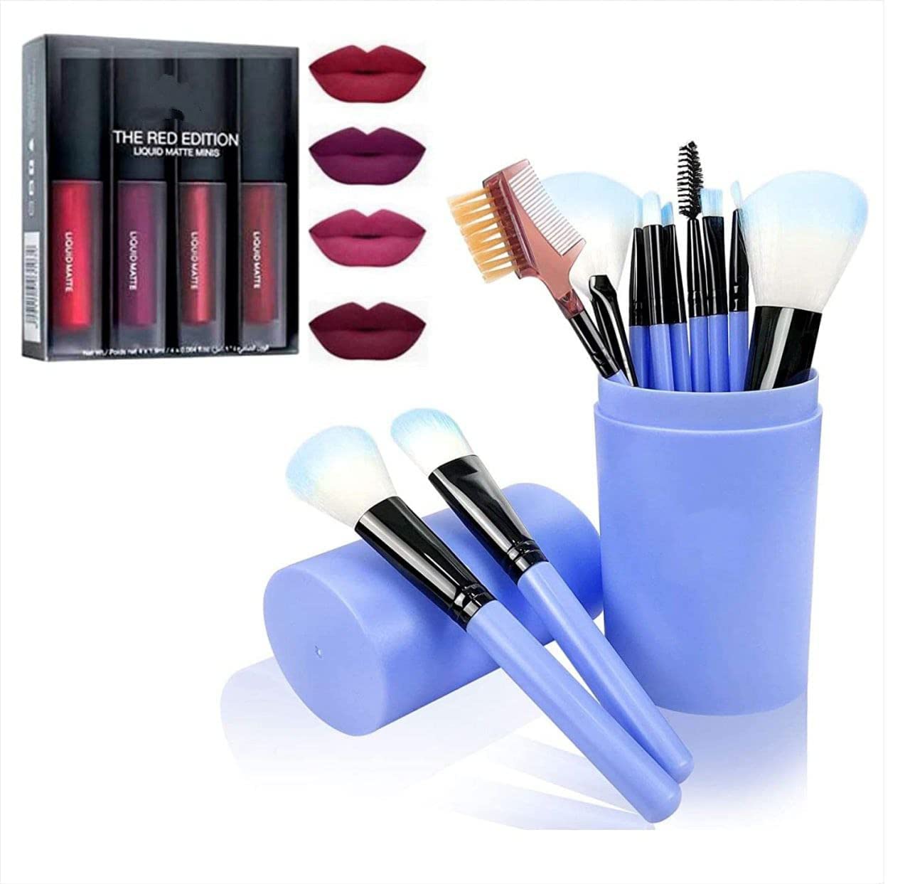 Premium 12-Piece Makeup Brush Set with Storage Box & 4-in-1 Matte Lipstick Minis (6ml, Pack of 16) - Professional Cosmetic Kit for Eyeshadow, Foundation & Blending - Perfect for Travel, Home & Salon Use
