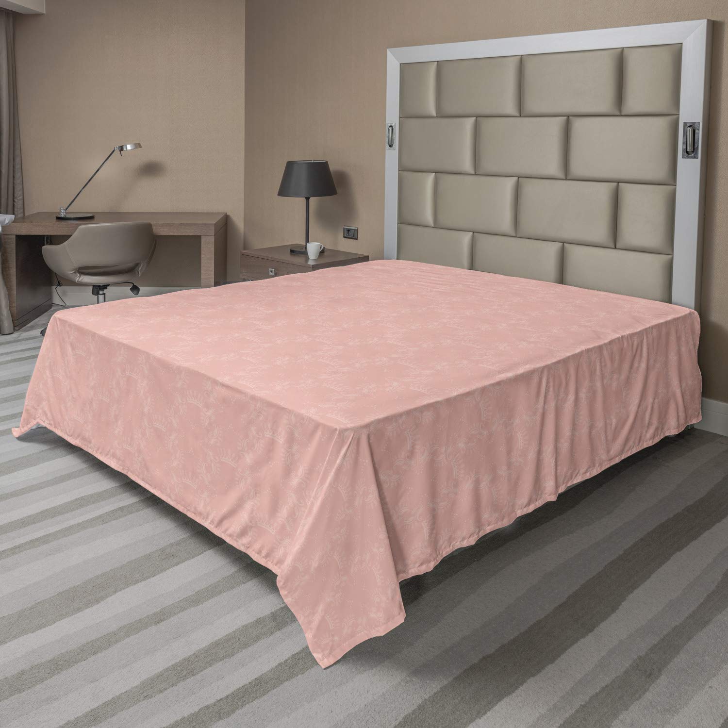 Ambesonne Peach King Size Flat Sheet - Soft Faded Crown & Floral Abstract Monochrome Design, Coral - Ultra Soft & Comfortable Decorative Top Bedding for Cozy Home & Guest Room Decor