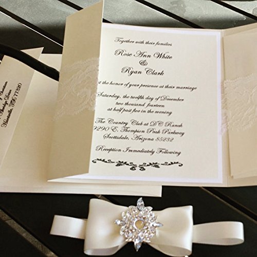 Elegant Lace Wedding Invitations with European Bow - Set of 25 Boho Chic Pocketfold Cards with RSVP Cards | Perfect for Rustic, Vintage & Outdoor Weddings