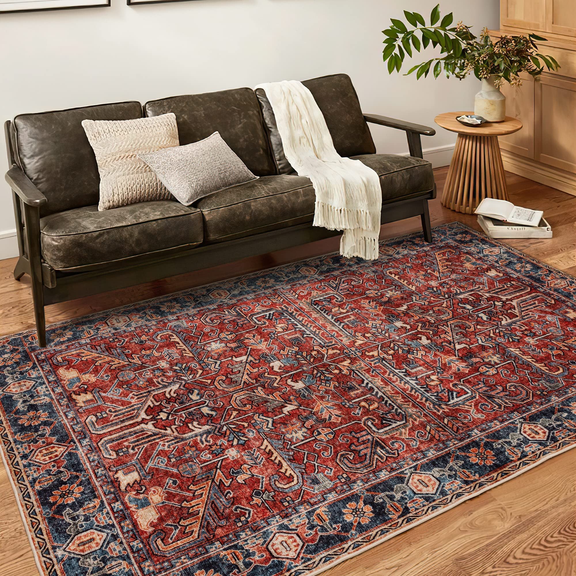 Valenrug Washable Rug 5x7 - Ultra-Thin Antique Persian Boho Area Rug, Stain Resistant & Durable for Living Room, Bedroom, Office | Distressed Vintage Design (Red, 5'x7') - Perfect for Boho Chic Decor, Cozy Home Makeover & High-Traffic Areas