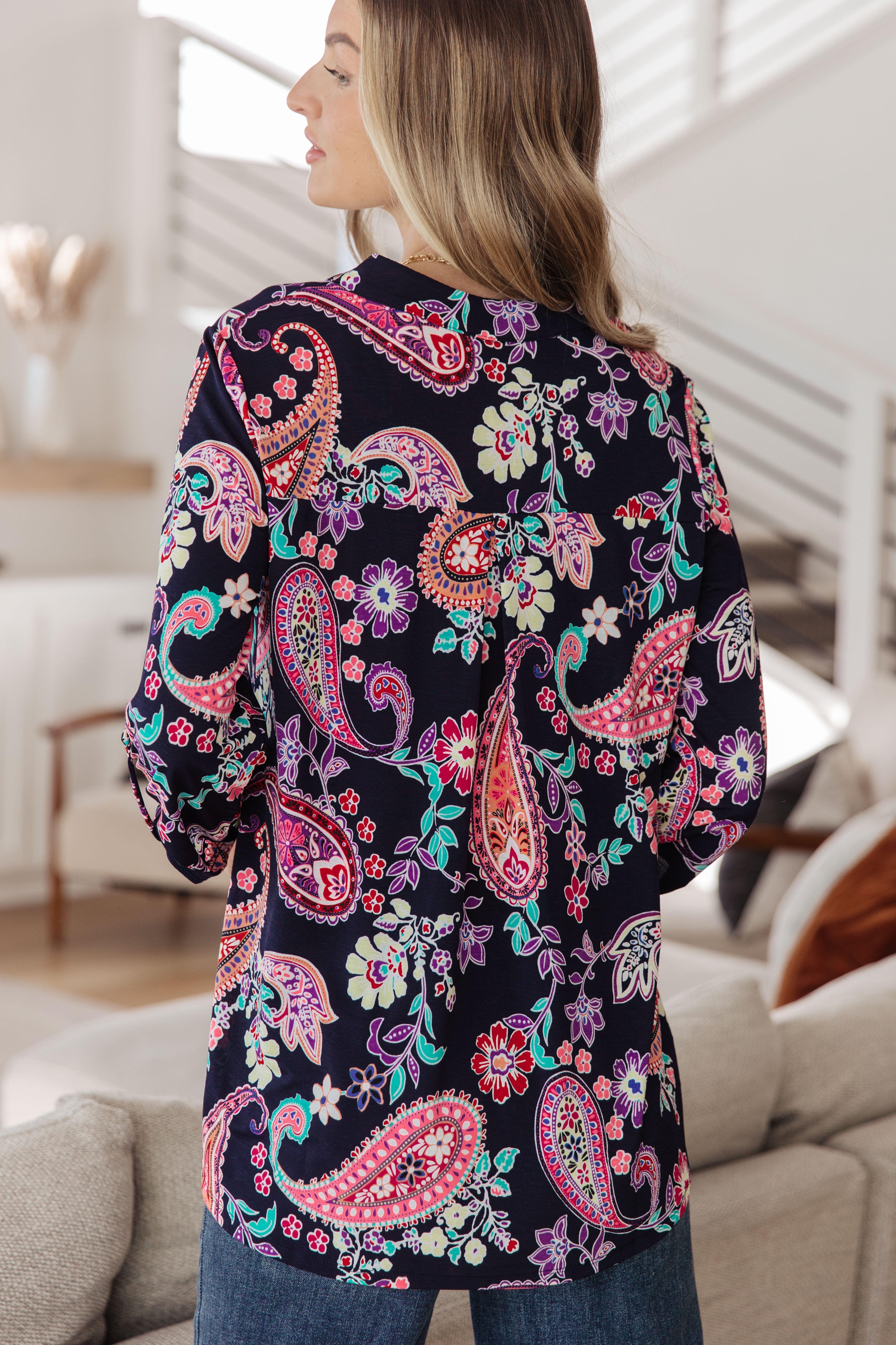 Lizzy Top Women's Navy Paisley Print Blouse - Casual & Office Wear, Perfect for Work, Dates & Everyday Outfits
