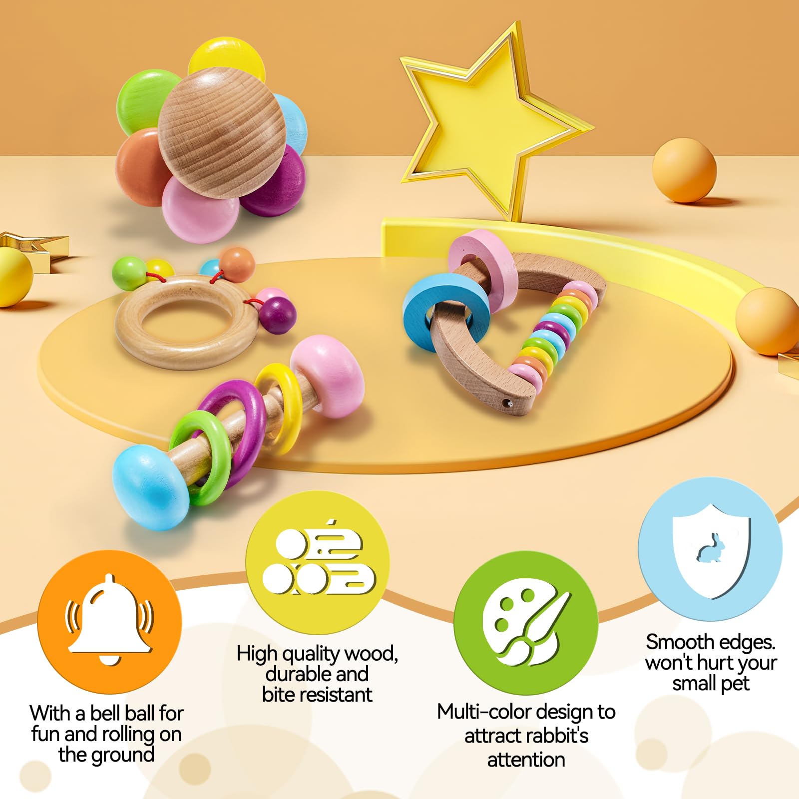4 Pcs Wooden Bunny Chew Toys for Small Pets - Safe & Bite-Resistant Rabbit Toys for Guinea Pigs, Chinchillas, Hamsters - Teeth Grinding & Playtime Fun for Indoor & Outdoor Use - Perfect for Cage Enrichment and Pet Entertainment