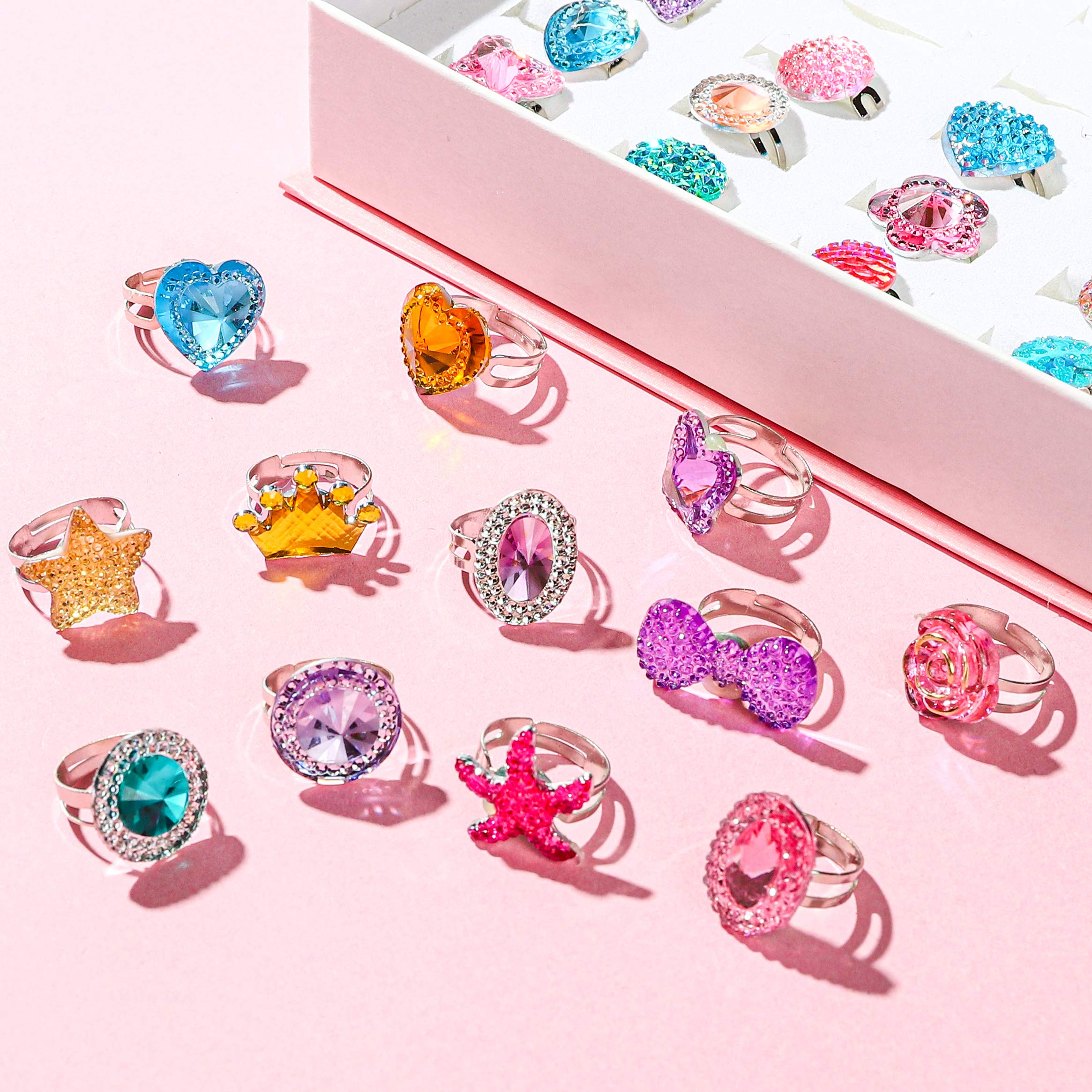 WATINC 24Pcs Adjustable Princess Pretend Jewelry Rings Set for Girls - Sparkling Rhinestone Dress Up Play Toys, Unique Diamond Rings Gift Box for Little Girls - Perfect for Birthday Parties, Dress Up Play & Pretend Play