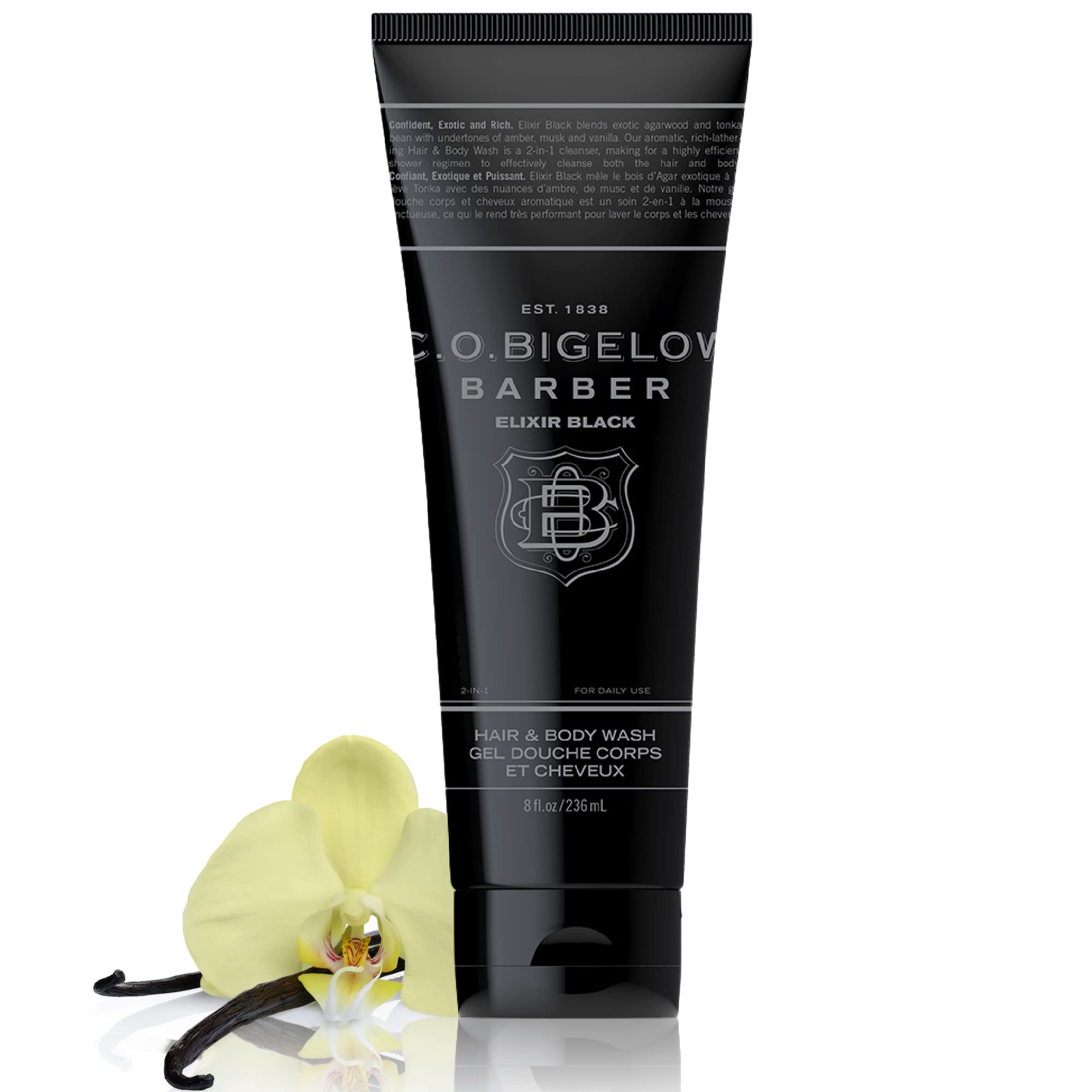 C.O. Bigelow Men's Hair & Body Wash - Elixir Black No. 1605 (8 fl oz) | Musk & Vanilla Moisturizing Shampoo & Body Cleanser for Men | Perfect for Gym, Travel & Daily Shower Routine