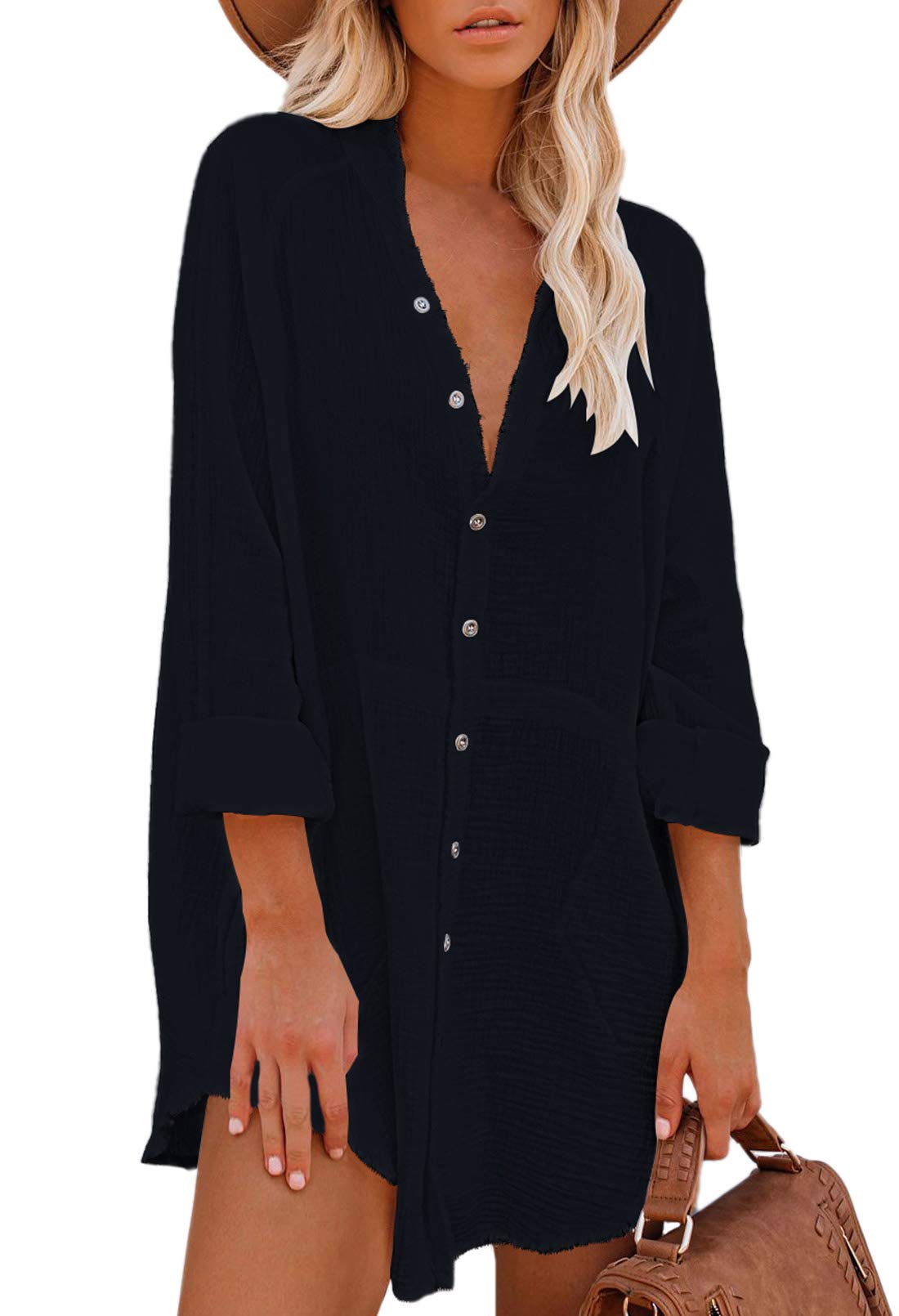 Pink Queen Women's V-Neck Long Sleeve Button Down Blouse Tunic Shirt Mini Dress with Pockets - Elegant Office Wear & Casual Outfit for Work, Date Night and Spring Fashion