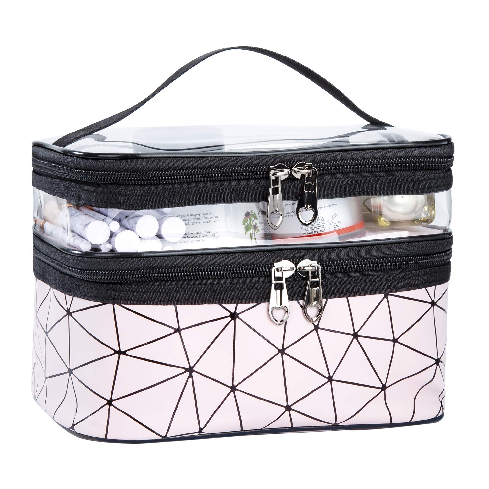 Waterproof Double Layer Makeup Bag - Travel Cosmetic Case for Home, Swimming & Business Trips (Pink)