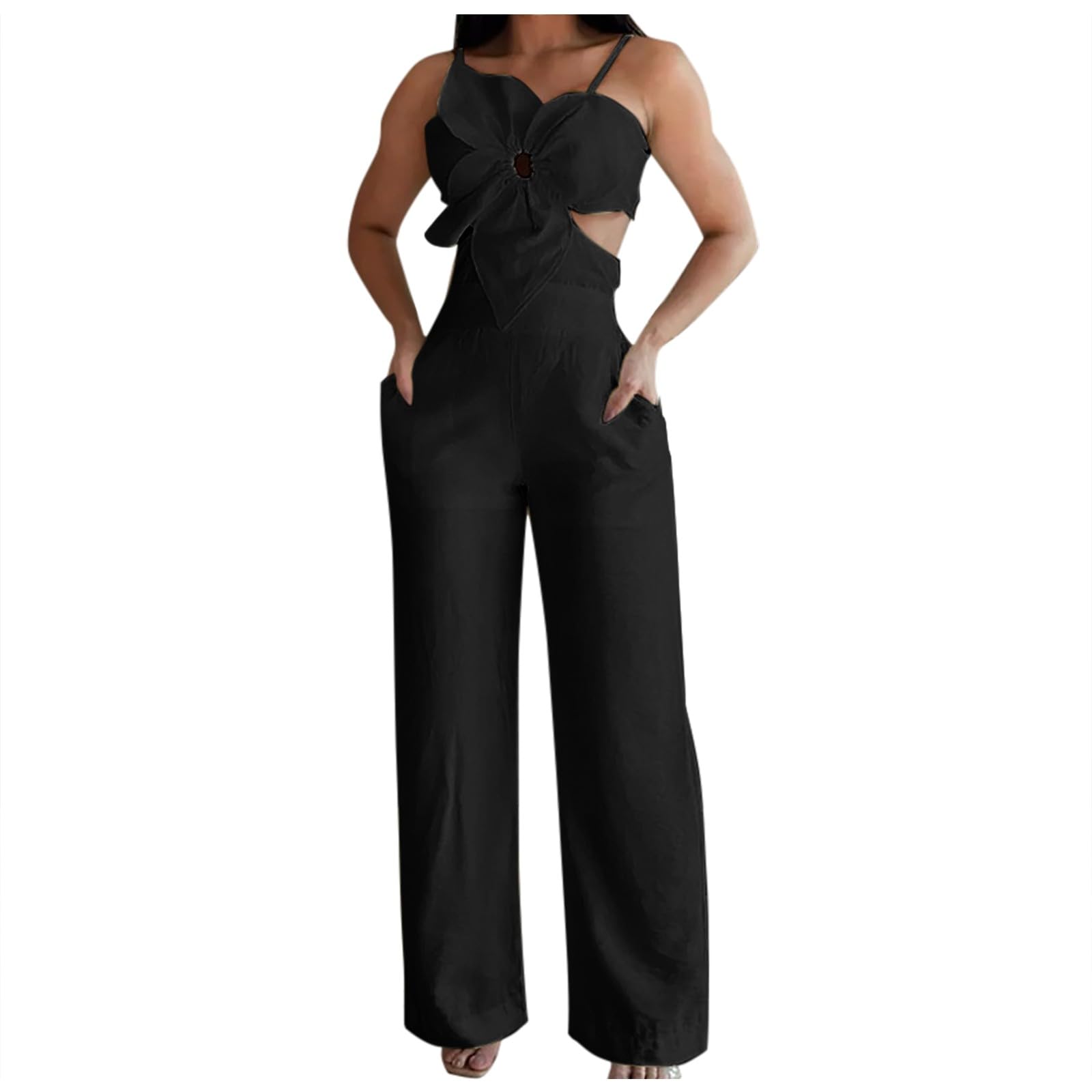 Plus Size Women's Black Long Sleeve Bell Bottom Jumpsuit - Casual Summer Bodysuit Romper for Everyday Wear, Date Night & Office Outfits