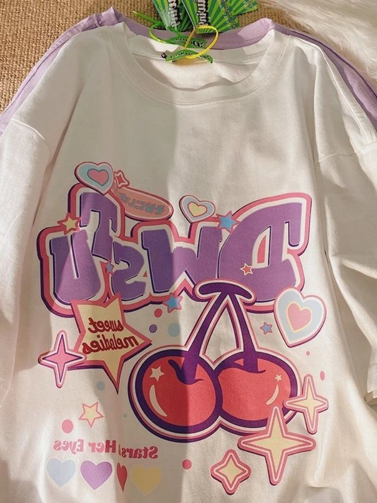 Cartoon Fruit Print Women's T-Shirt - Cute Oversized Y2K Harajuku Style Short Sleeve Tee for Women & Girls | Perfect for Casual Wear, Street Fashion & Retro Outfits