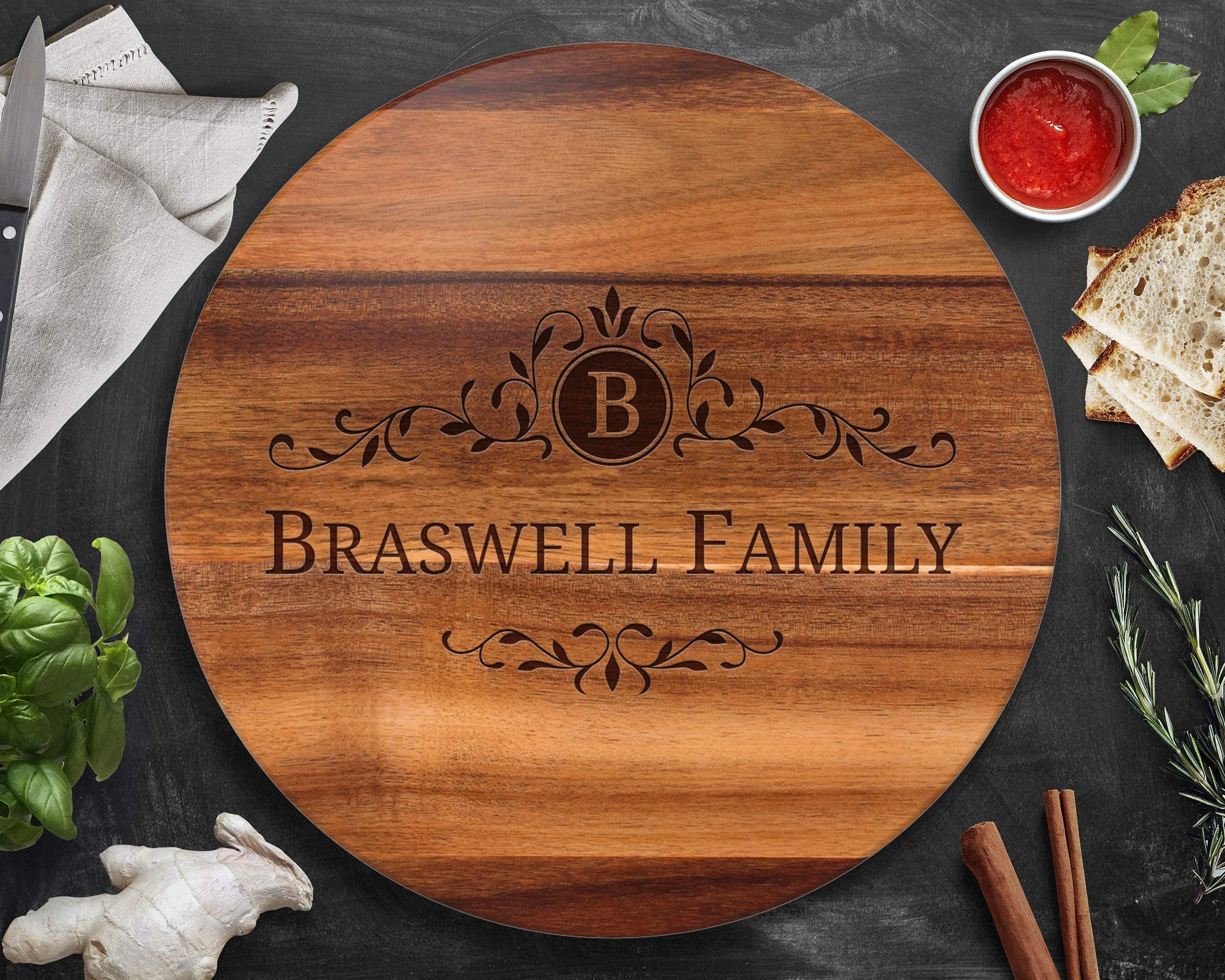 Custom Wooden Lazy Susan Turntable - Personalized Spinning Serving Tray for Dining Table, Kitchen Counter, and Party Buffet - Engraved Cutting Board & Decorative Display Stand
