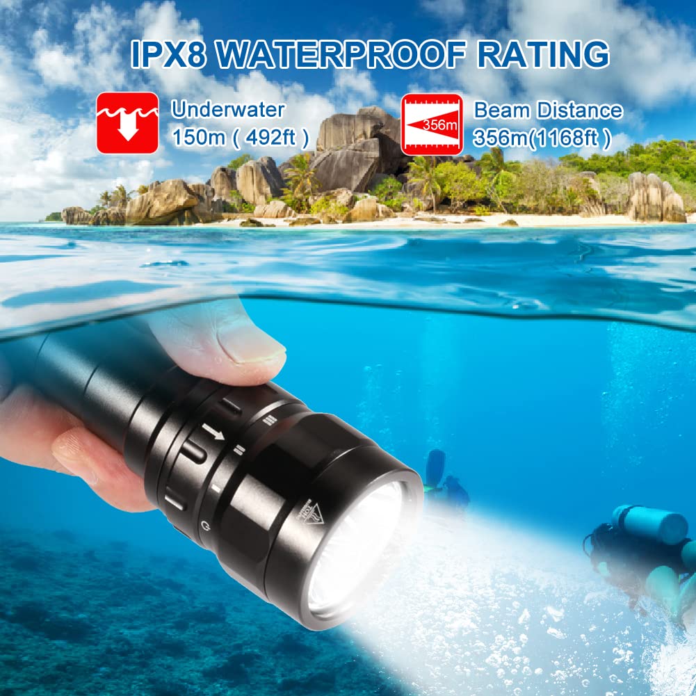 DF60 6000 Lumen Professional Scuba Diving Flashlight - IPX8 Waterproof Underwater Torch Light with Charger, 150M Depth Rating for Night Diving, Cave Exploration & Marine Photography