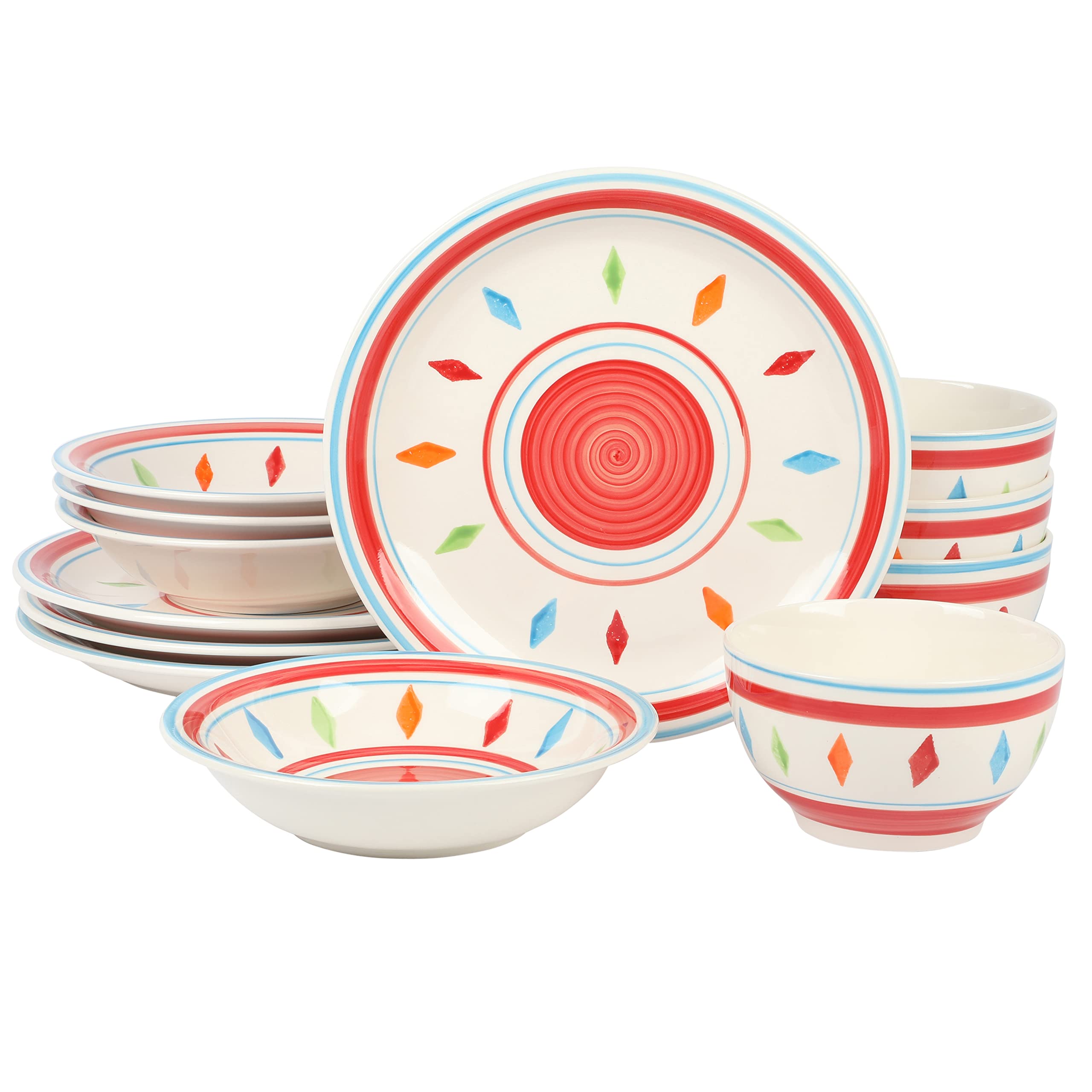 Gibson Home Heidy Hand Painted 12-Piece Dinnerware Set - Red Ceramic Plates, Bowls & Mugs, Service for 4 | Elegant Tableware for Everyday Dining, Dinner Parties & Holiday Gatherings