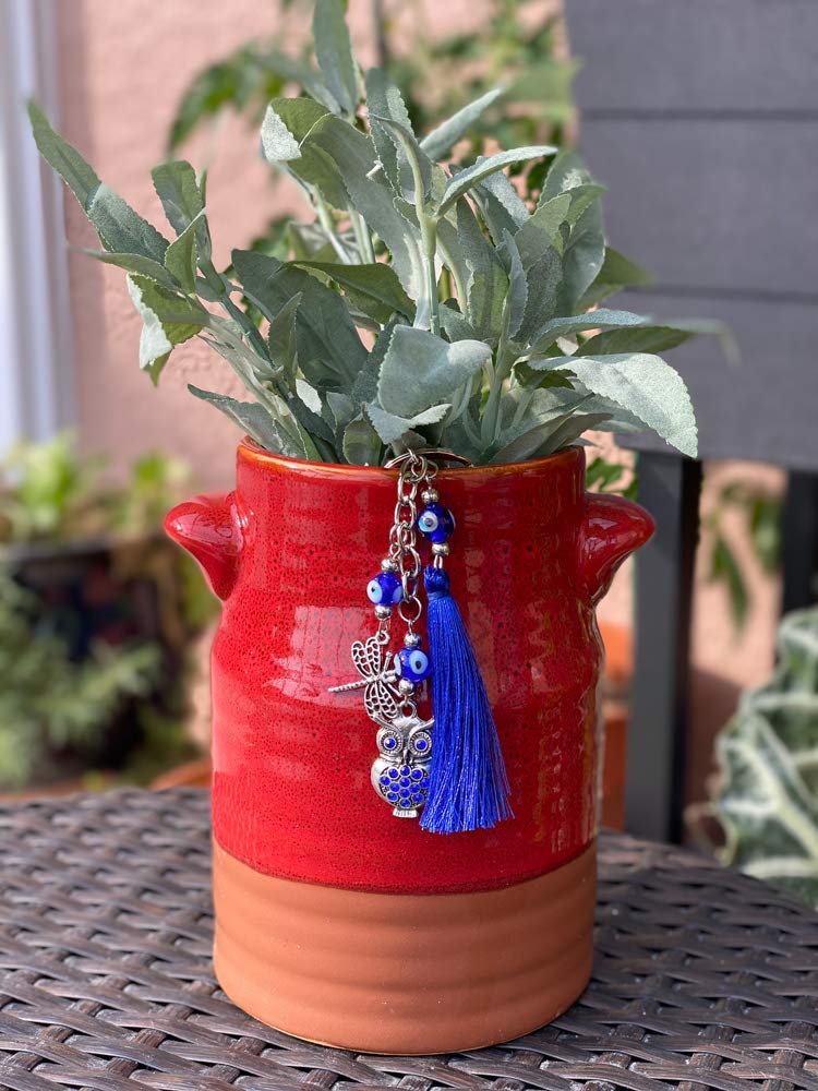 Lucky Dragonfly & Owl Keychain with Blue Crystal, Tassel & Evil Eye Bead - Good Fortune Charm for Home, Bags & Car Mirror (2”x5.5”) - Perfect Gift for Protection & Blessings in Daily Life