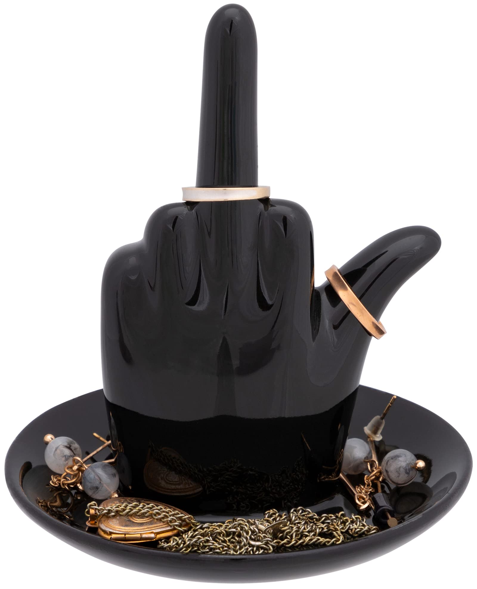 Stephanie Imports Black Ceramic Middle Finger Jewelry Ring Dish Tray - Stylish Ring Holder for Home Decor, Bathroom & Vanity Organizer