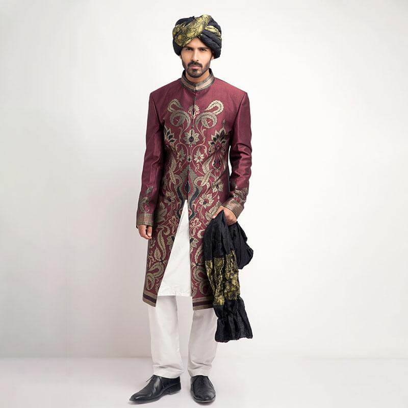 Antique Silver and Burgundy Brocade Sherwani for Men | Traditional Indian Wedding Attire | Elegant Ethnic Groom Wear for Special Occasions