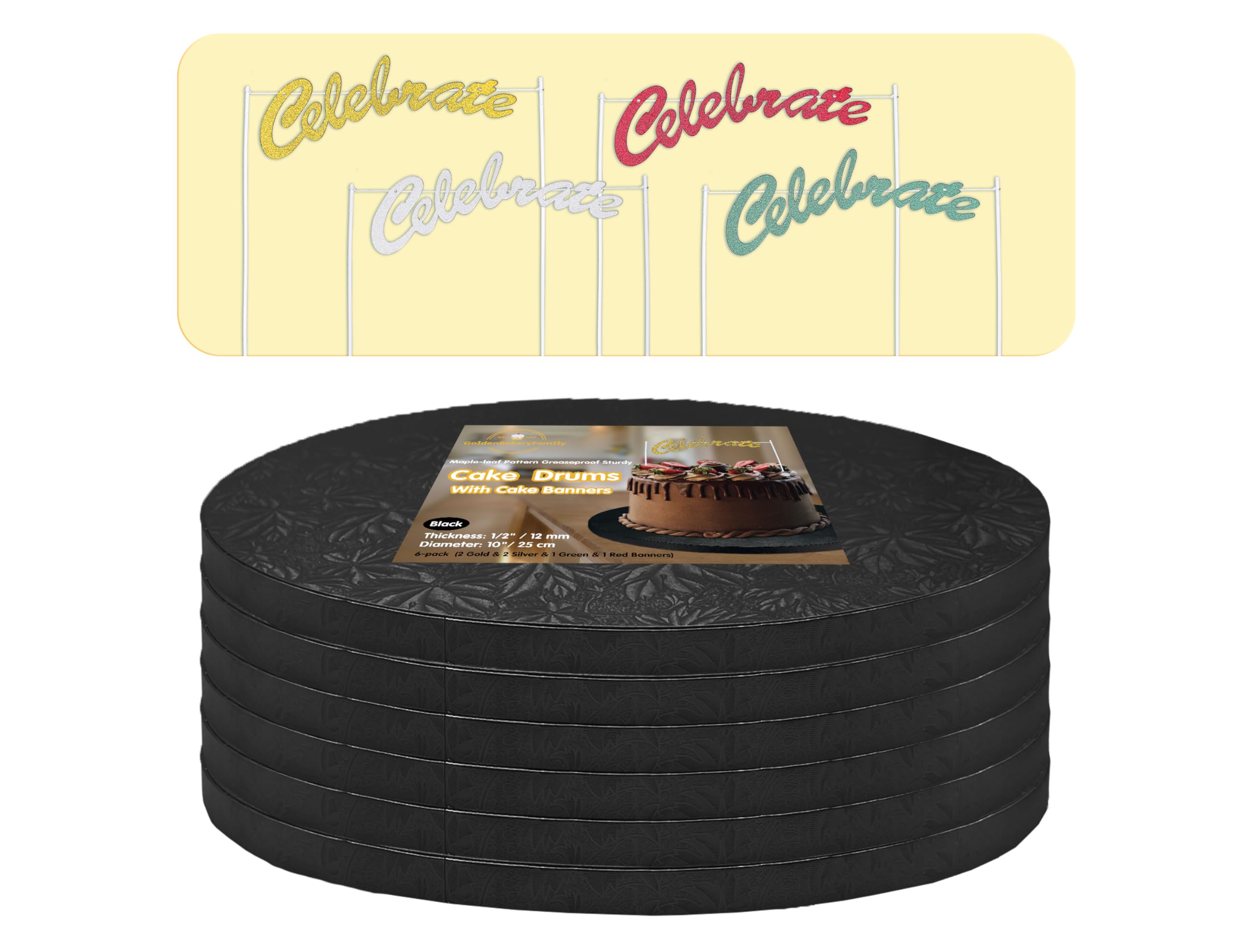 10 Inch Round Cake Drums (6-Pack) - 1/2 Inch Thick Black Cake Boards with Banner Topper - Sturdy & Greaseproof for Multi-Tiered Cakes - Perfect for Birthday, Wedding & Special Occasion Cakes by GoldenBakeryFamily