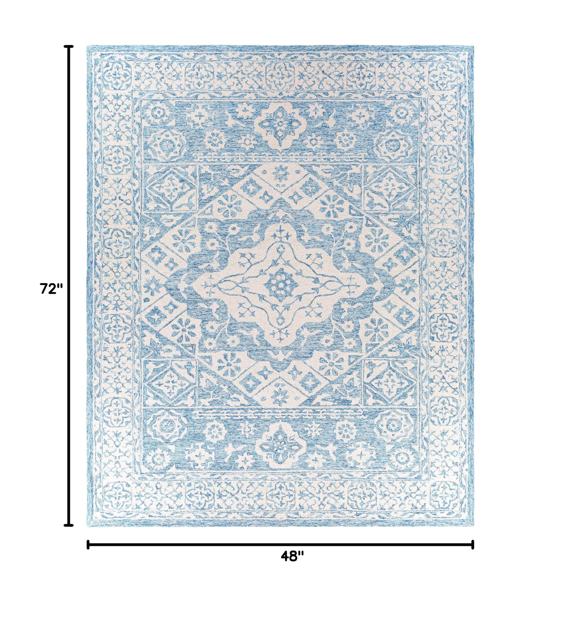 Hauteloom Devine Wool Area Rug 4' x 6' - Traditional Blue & Ivory Handmade Rug for Living Room, Bedroom - Soft & Durable Home Decor for Cozy Spaces