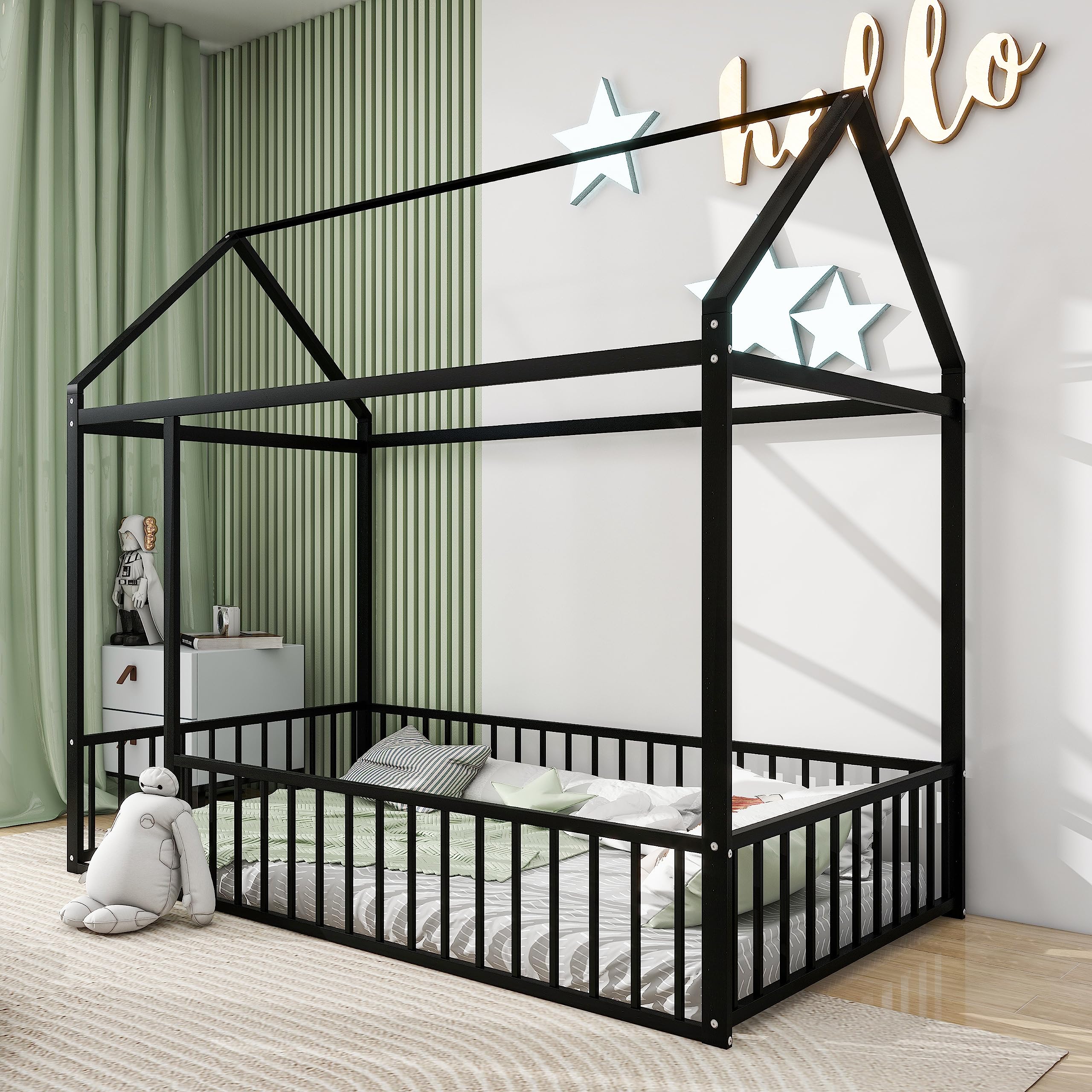 Bellemave Twin Size Montessori Floor Bed for Kids - Sturdy Metal House Frame with Safety Fence - Black Playhouse Bed for Toddlers & Children | Perfect for Montessori Rooms, Play Areas & Safe Toddler Sleep Spaces