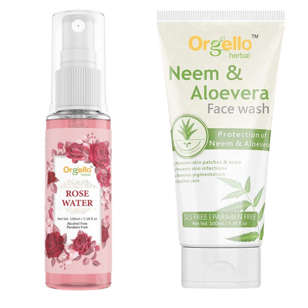 Orgello Herbal Rose Water Toner & Neem Aloe Vera Face Wash Set (2-Pack, 100ml Each) - SLS, Paraben & Mineral Oil Free for All Skin Types - Hydrating & Cleansing Skincare Combo for Men, Women & Teens - Perfect for Daily Face Care Routine & Travel Essentials