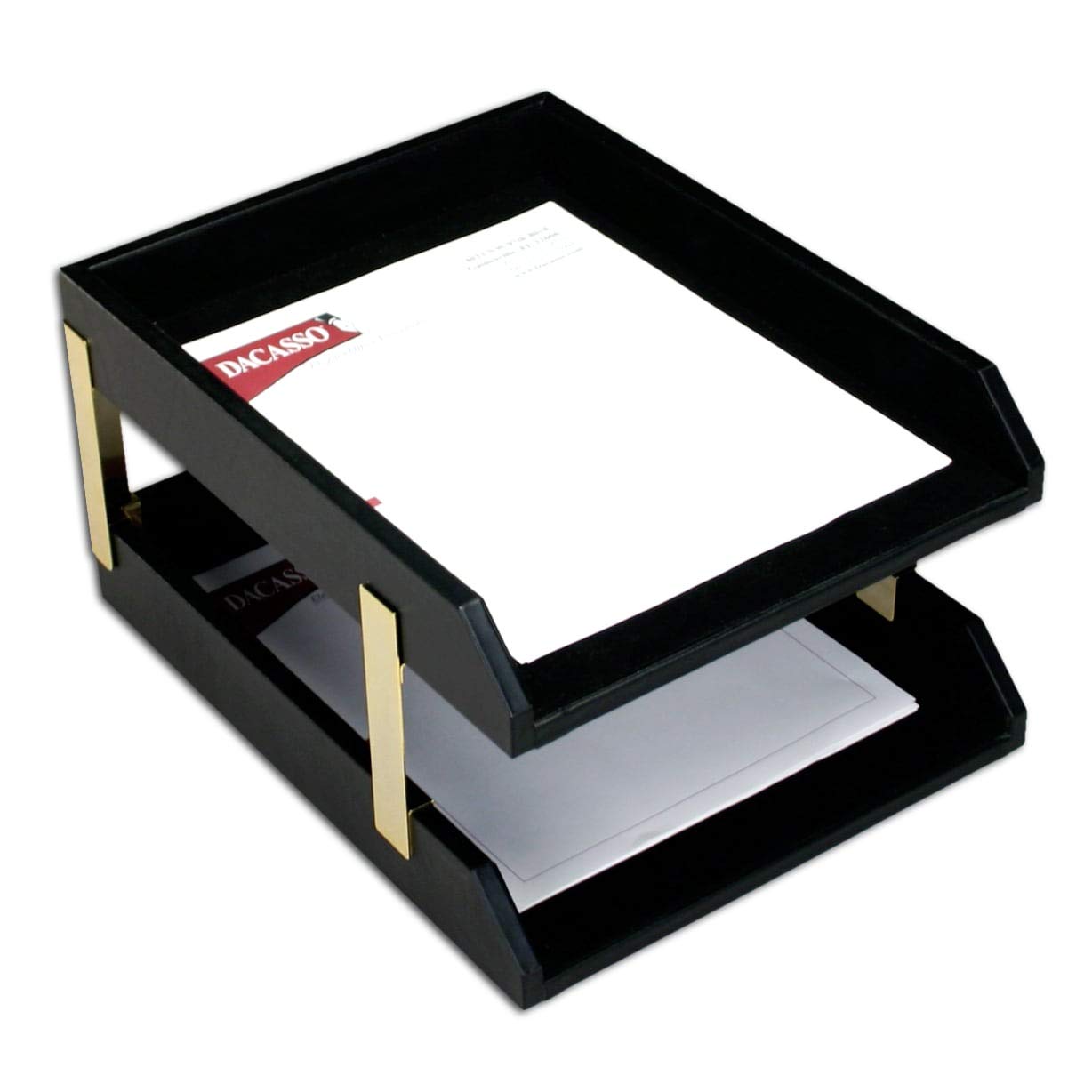Premium Black Leather Letter Organizer with Gold Stacking Posts - Elegant Desktop File Tray for Office, Home & Workspace Organization