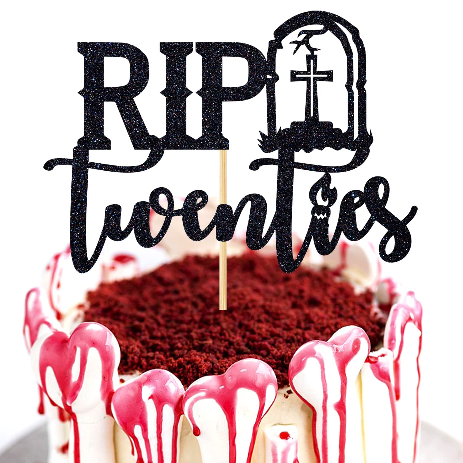 Vintage Black Glitter Rip Twenties Cake Topper - Death to My Twenties & Funeral for My Youth Cake Decorations - Old English Themed 30th Birthday Party Supplies - Perfect for Milestone Birthday Celebrations & Dark Humor Themed Parties