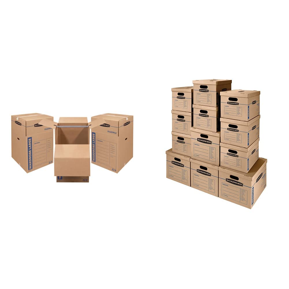 Bankers Box SmoothMove Wardrobe & Classic Moving Boxes - 12 Pack Heavy Duty Cardboard Storage Boxes for Home Office Moving, Packing & Organization | Perfect for Clothes, Books & Household Items Storage