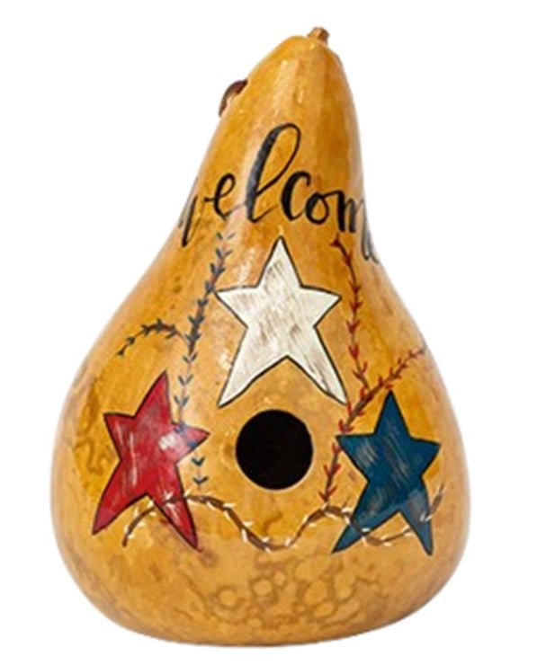 Amish Hand Painted Gourd Birdhouse with Patriotic Stars - Rustic Outdoor Garden Decor for Backyard, Patio & Wildlife Habitat