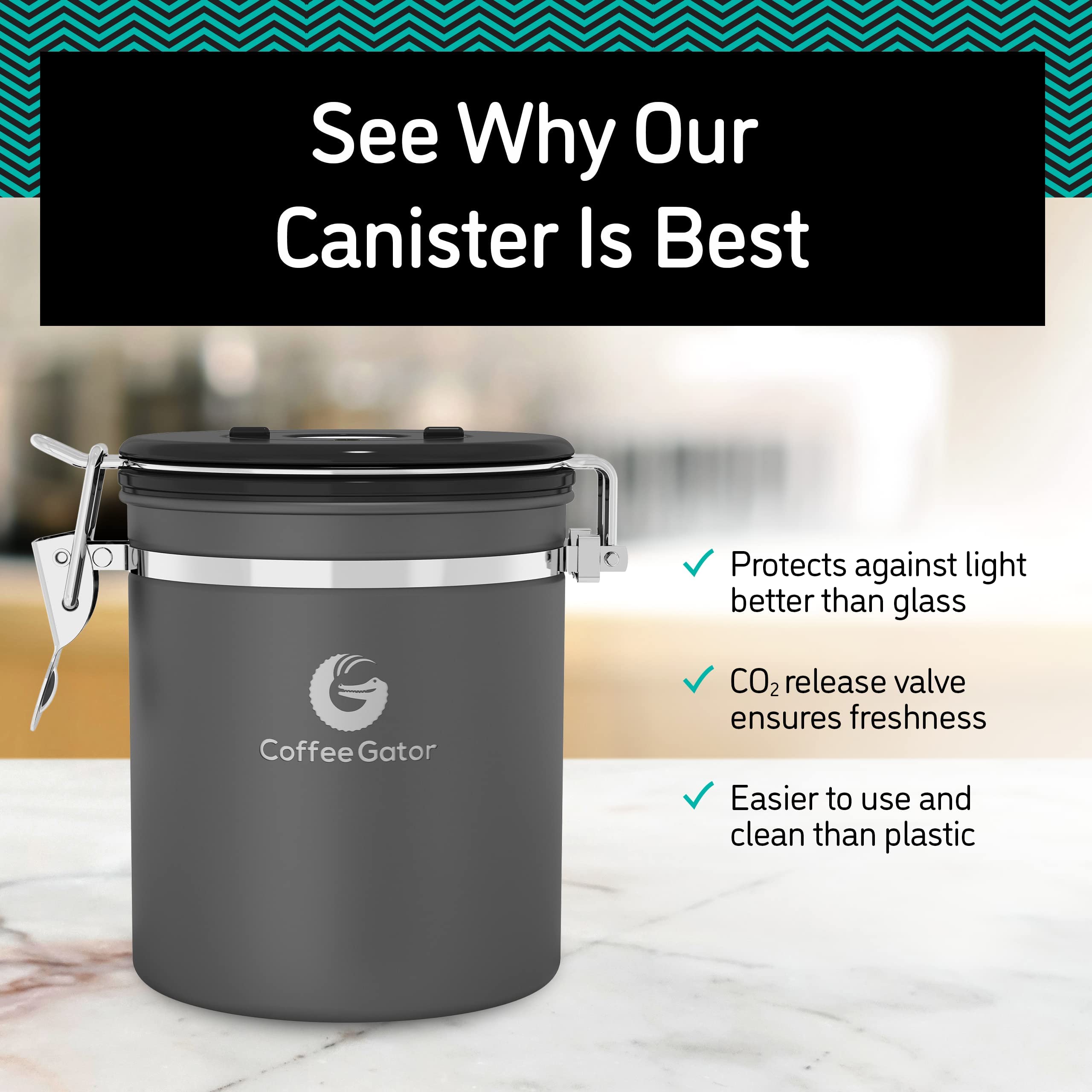Premium Coffee Gator Airtight Coffee Canister – 22oz Large Ground Coffee Storage Container with Magnetic Scoop (Gray) – Ideal for Kitchen, Office & Camping Freshness