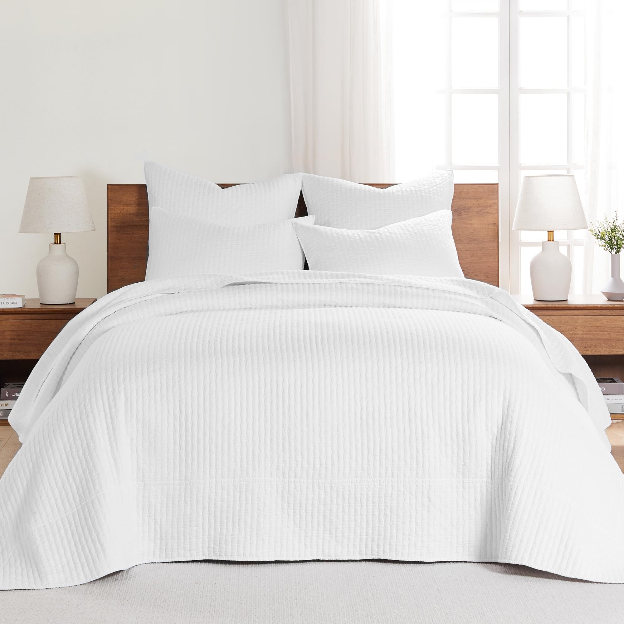 Levtex Home King Size Cross Stitch White Cotton Quilted Bedspread Set with 2 Shams (120x104in Bedspread + 20x36in Shams) - Elegant Bedroom Decor for Master Suite or Guest Room