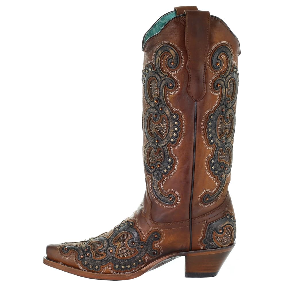 Women's Honey Overlay Embroidered Studded Snip Toe Cowgirl Boots - Mid Calf Western Boots with 2-3
