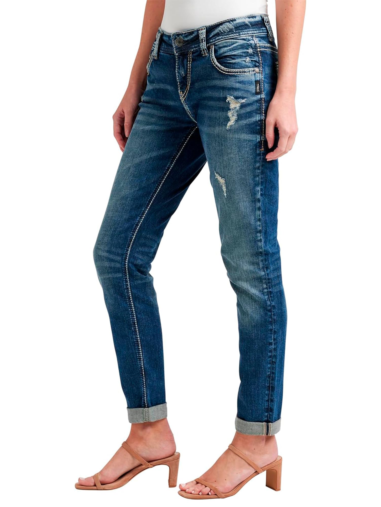 Silver Jeans Co. Women's Plus Size Girlfriend Mid Rise Skinny Jeans - Stretch Denim Pants for Curvy Women | Comfortable & Stylish for Casual Wear, Office & Date Nights