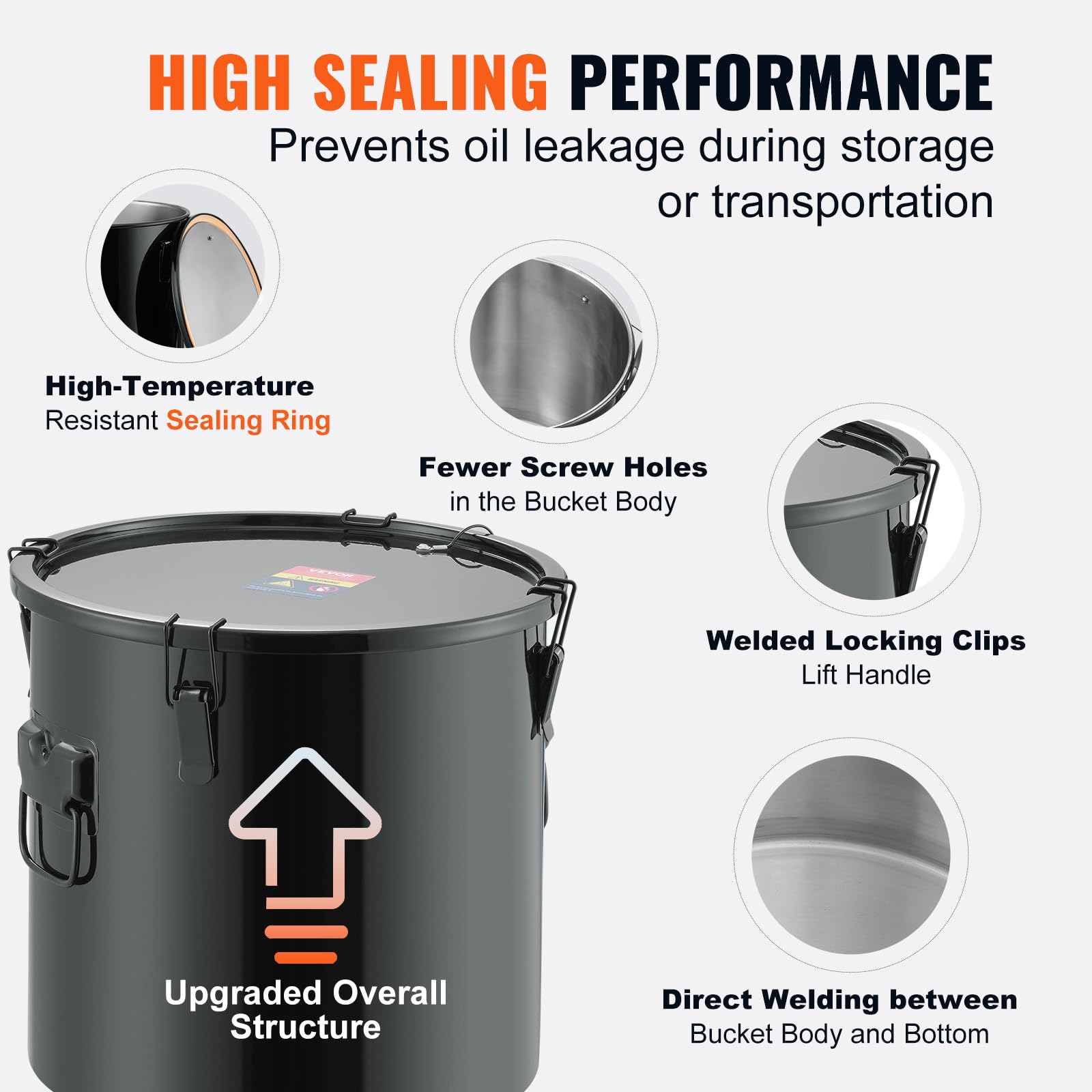 VEVOR 10 Gallon Stainless Steel Fryer Grease Bucket with Lid - Oil Disposal Caddy for Hot Cooking Oil Filtering, Rust-Proof Coating, Lock Clips & Filter Bag - Perfect for Restaurants, Food Trucks & Home Kitchens