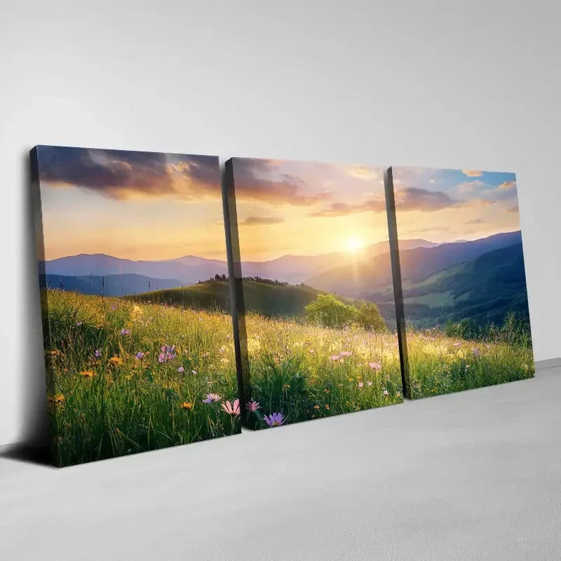 3-Piece Sunset Sky & Wildflowers Landscape Art Set - 50x70cm Framed Canvas Wall Decor | High Quality Australian Made Print | Ready to Hang for Living Room, Bedroom & Office Decor
