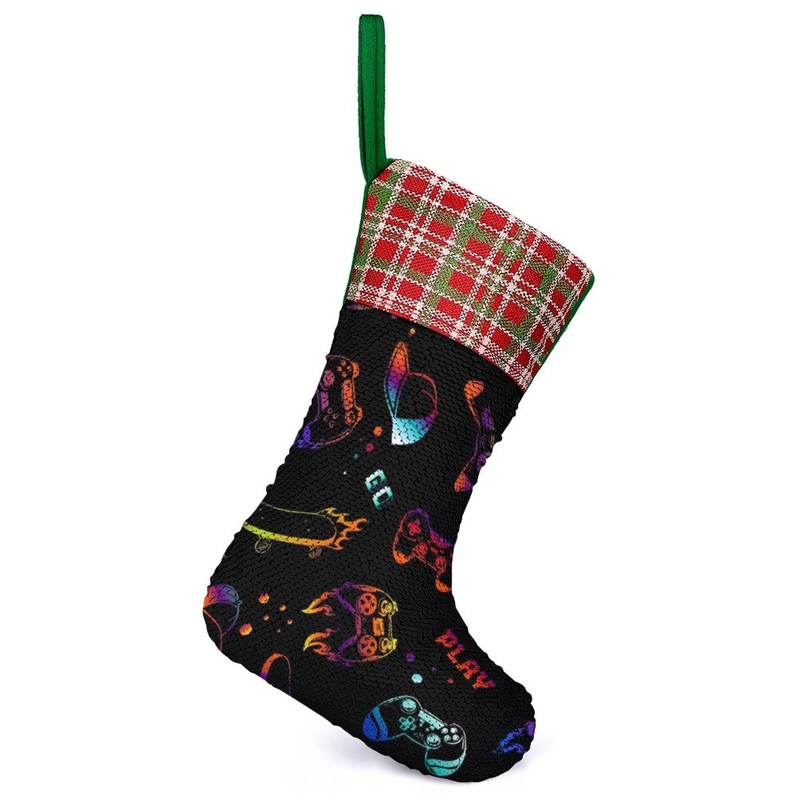 BDUN Unique Gaming Christmas Stocking - Classic Red Sequin Video Game Hat Skin Pattern Stocking for Holiday Party Decorations & Gifts - Perfect for Gamers' Christmas Tree, Fireplace Mantel & Festive Home Decor