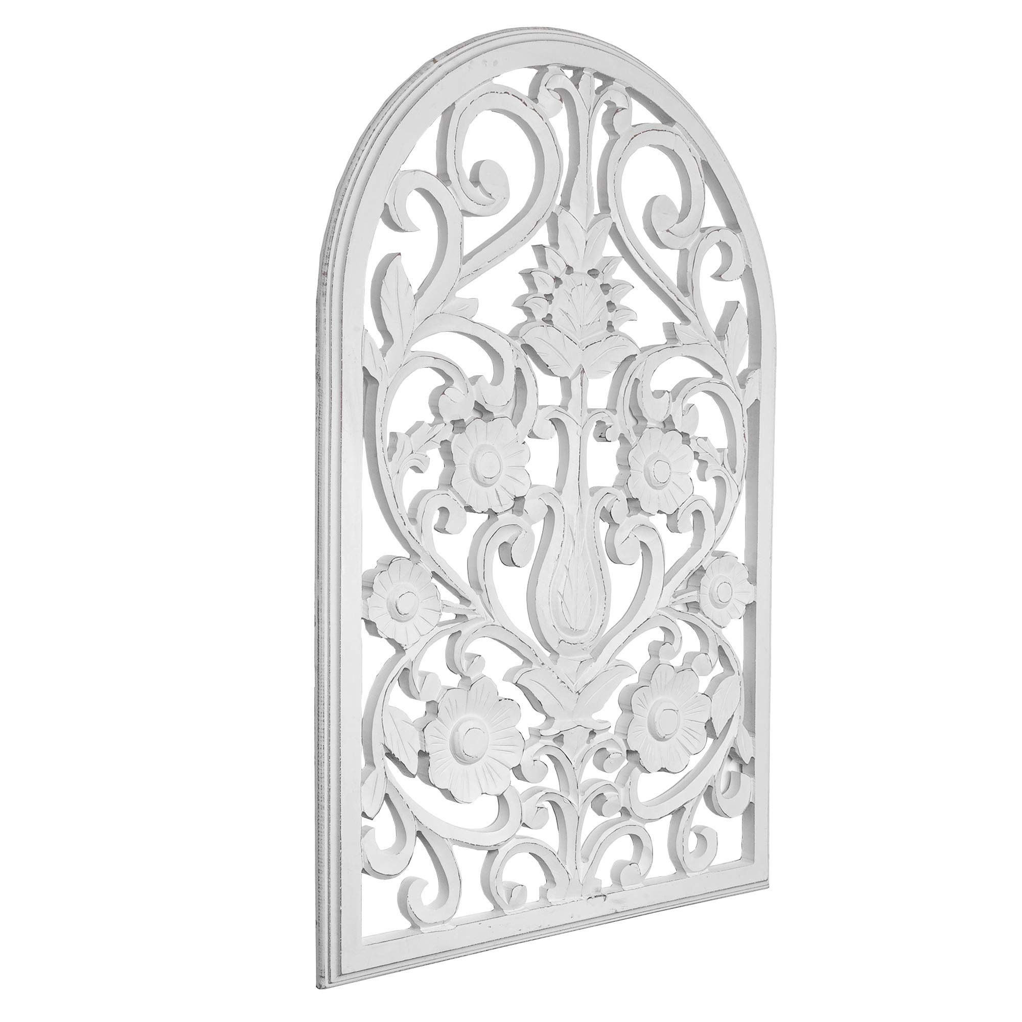 Hand-Carved Floral Wood Wall Panel - Arched Windowpane Design - White Wood Medallion Decor (36