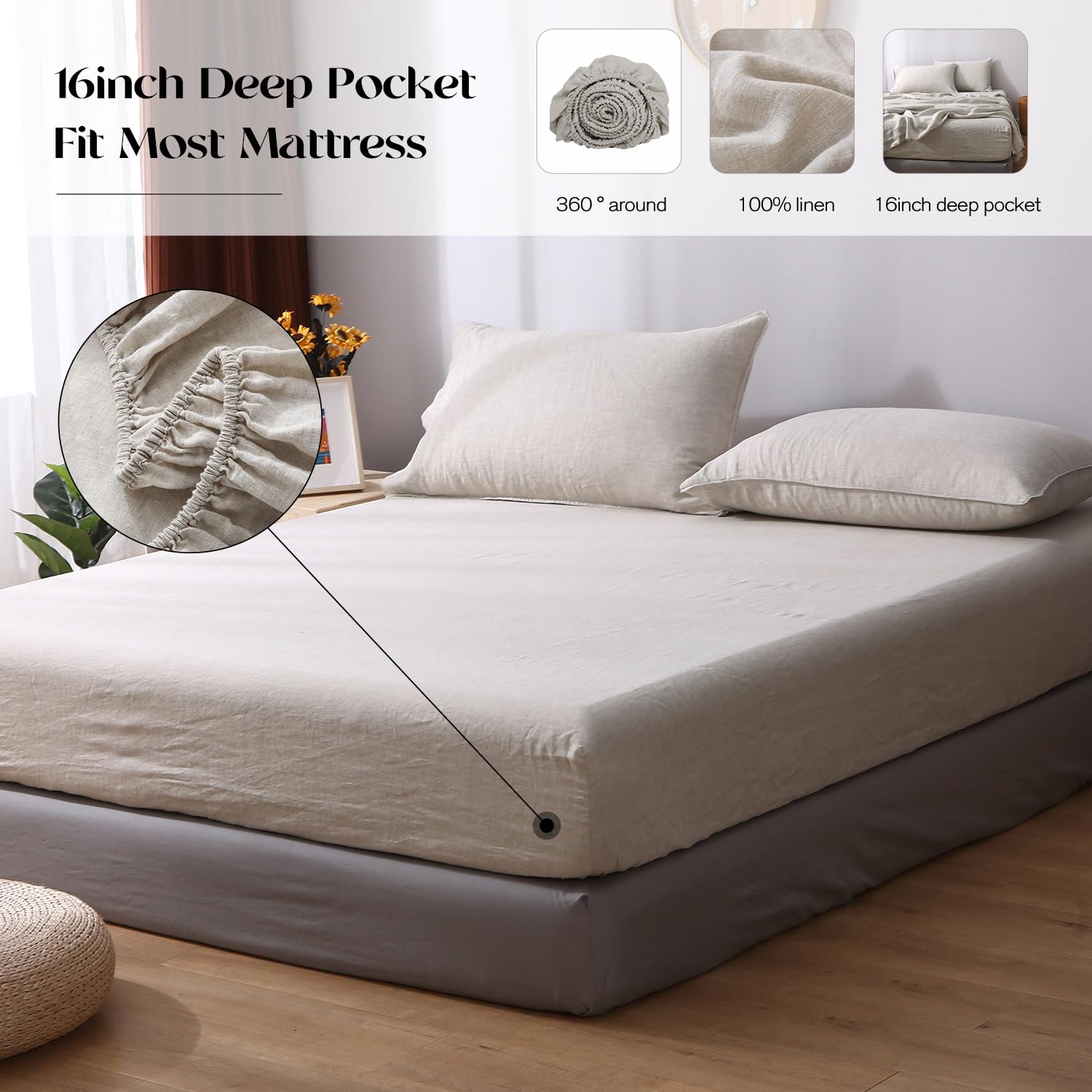 Premium 100% Organic French Linen Bed Sheet Set - Stone Washed Flax 4 Piece (1 Flat Sheet, 1 Fitted Sheet, 2 Pillow Cases) - California King Size - Natural Linen Fabric - Breathable & Eco-Friendly Bedding for Luxury Hotels & Home Master Bedrooms